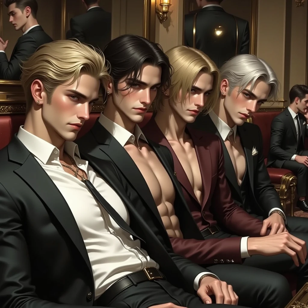 Um corpo inteiro, Portrait of 3 German boys half Sufi blonde hair in cut, de 16 anos, jaquetas de couro, holding in his hands nothing, fundo de quarto, chain on one of the necks of one of them, sem blusa, well-defined abdomen --auto
