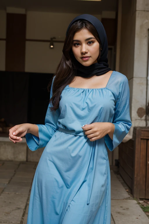 1 malay girl , modern pom-pom hijab, shy, medium portrait shot , watery eyes , blue glowing particles, wear pastel blue high waist pants and white shirts, blue bokeh light background, bright front light,