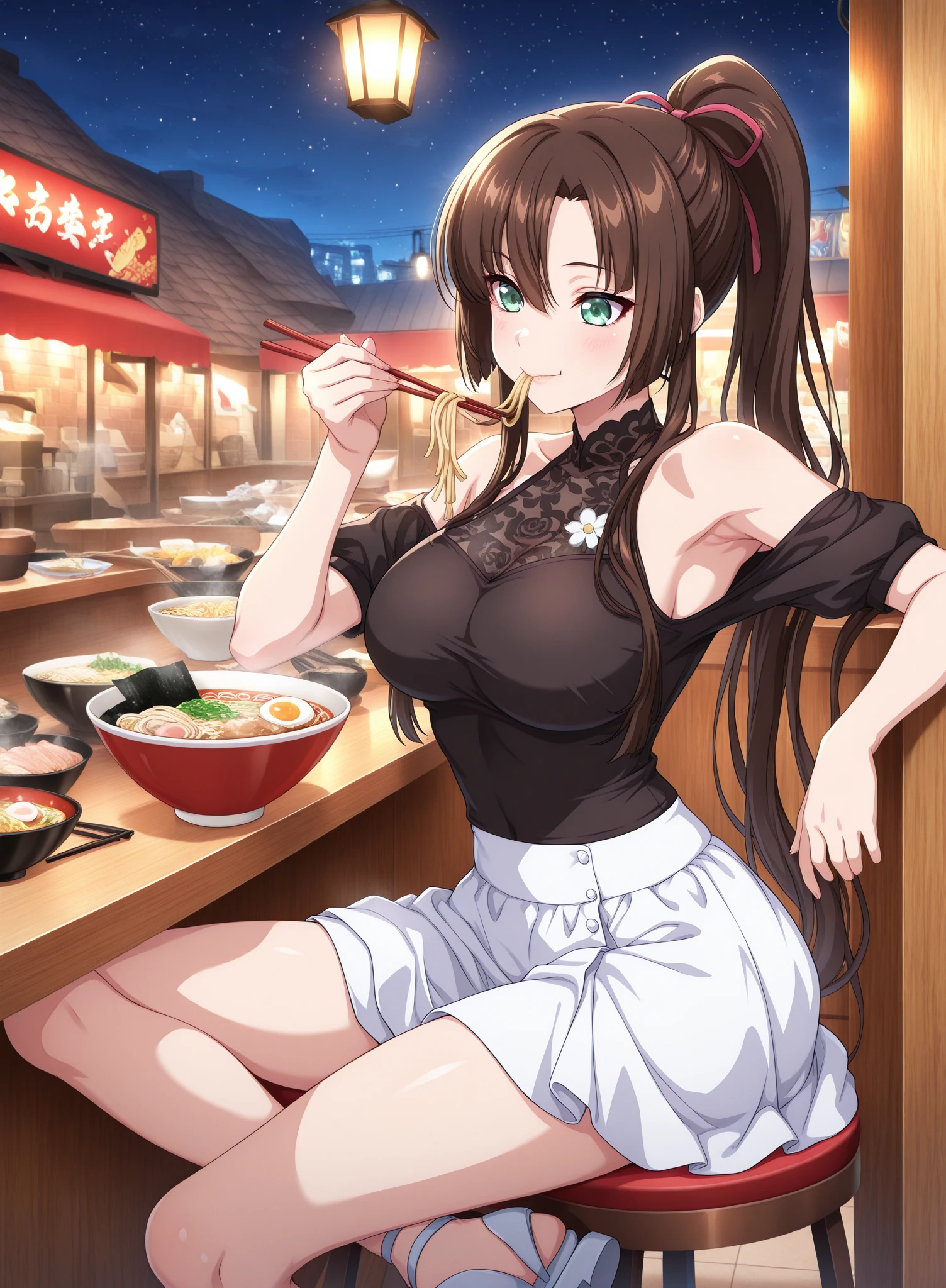 (restaurant, Waitress, standing, Tray in hand:1.2), (tight fit clothes:1.2), (Tight white vest:1.4), (Wear a white vest over a naked body:1.1), (Delicate orange-orange yoga miniskirt1.4), (Wear an orange yoga skirt over pantyhose),(Owl print on vest), (Hang the neckline:1.2), bare shoulders, Plump thighs,huge tit,