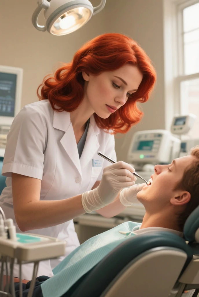 Robô de Seaart Txt2Img Estúdio Detalhe magnífico, 8K Photos, hyper- realism, realistic background, visual depth, wide angle lens, professional light. "{a one woman [dentist], age 28, natural redhead, Linda, attending a [Patient]  18 year old ager.} {a [desist] have very big breasts, is wearing a slightly open lab coat, slightly open, showing part of her lace bra and her large breasts. As he bends down to look at the teeth of the [Patient] using a dental spatula.} {or [Patient] have pimples on your face, An 18-year-old face, low hair. He is lying down with his mouth wide open. a espatula está dentro de sua boca. He is excited looking directly at the breasts of [dentist].} {a cena se passa num consultorio odontológico.}
