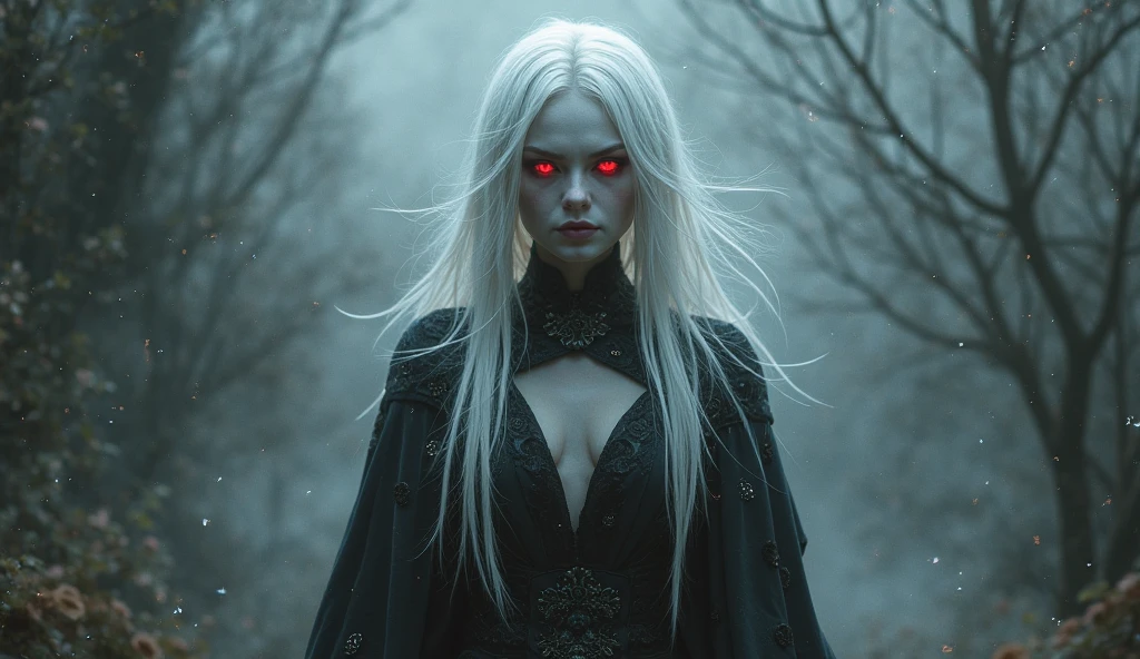 Create an image of a banshee. The banshee should appear as a gaunt, wailing woman with long white hair and red eyes. Her expression is one of sorrow and despair. The background is a misty, dark forest.