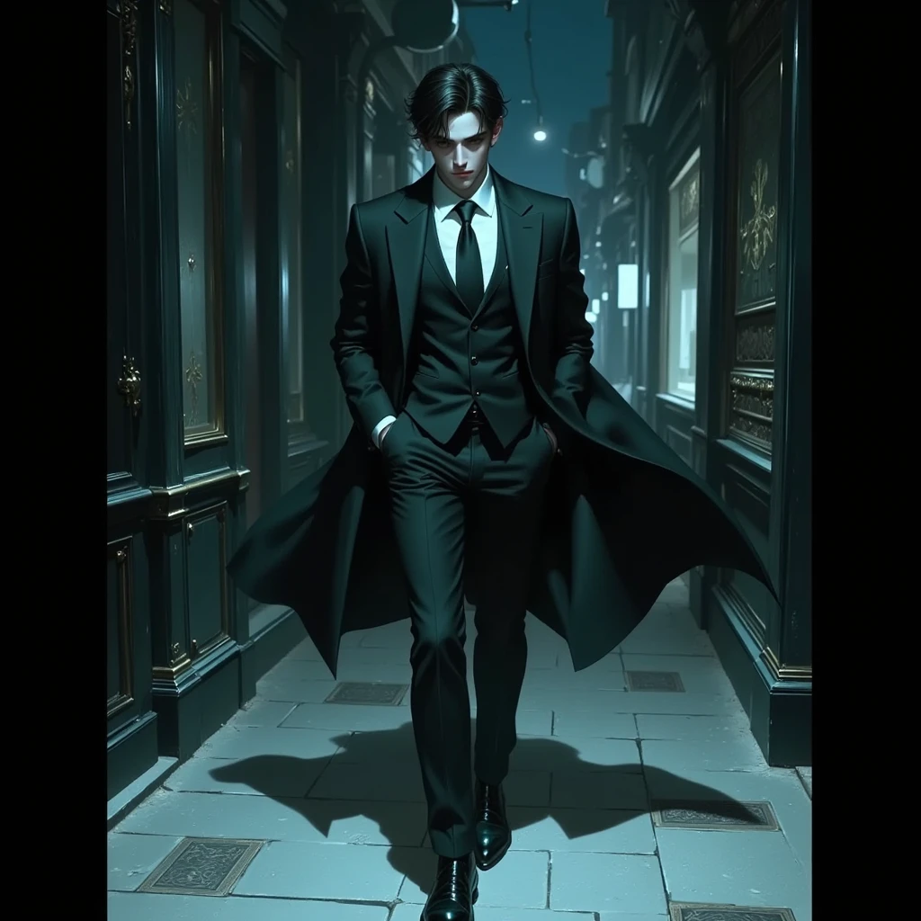 A man, with black hair, wearing a black overcoat, on top of a building overlooking a darkly predominant night town, smoking a cigarette looking out over the city. In realistic anime style