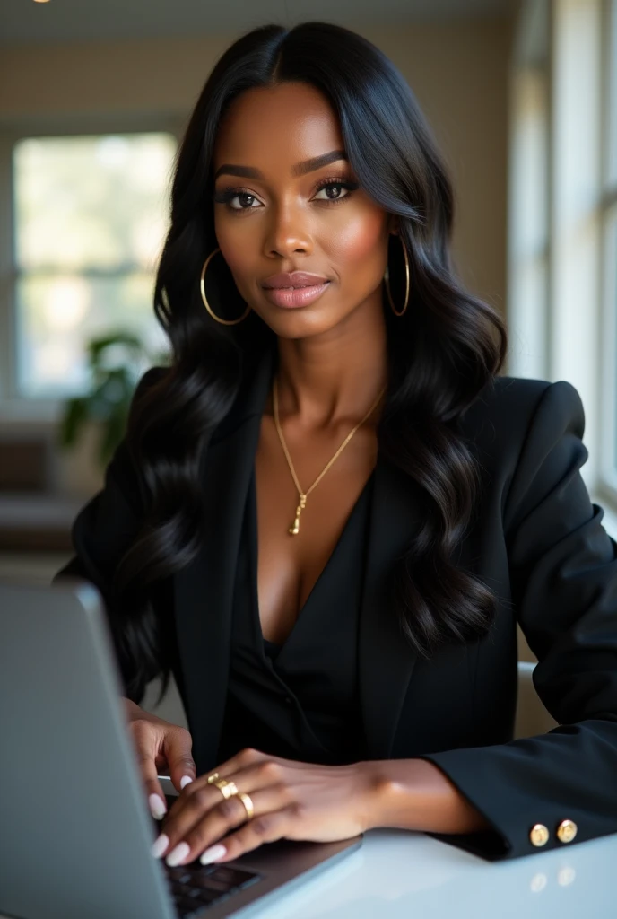 Create a photograph of beautiful 25 year old Nigerian female Digital Marketer seated in her office wearing a purple colour blazer and a white inner in a decent way with a 12 inches bone straight sleaky expensive human hair styled frontal. An apple laptop opened on her table and a correct spelling of "ITOHDIGITAL" is framed on the wall, wearing a wedding ring.
