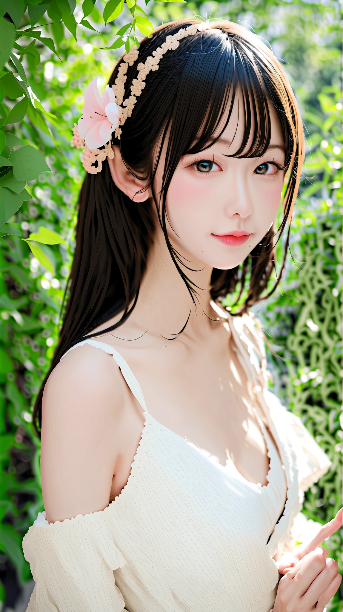 Japanese and Korean beauties,18yr old,Pure and cute,16K HD is realistic,Photographic quality,mesmerizing eyes,二重まぶた,long eyelasher,sensual lip,Slim and slim,White skin,Realistic slender five fingers,In the background garden,Ethereal beauty