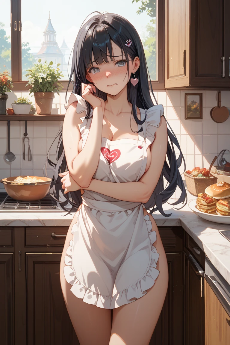 masterpiece,best quality,looking at viewer,kitchen,cooking,summer dress,long dress,look back,smile,teeth,
<lora:xuankai_xl:0.8>,xuankai snowbreak,1girl,solo,mole under eye,long hair,black hair,hair ornament,red eyes,flower,hair flower,small breasts,bangs,hair bun,