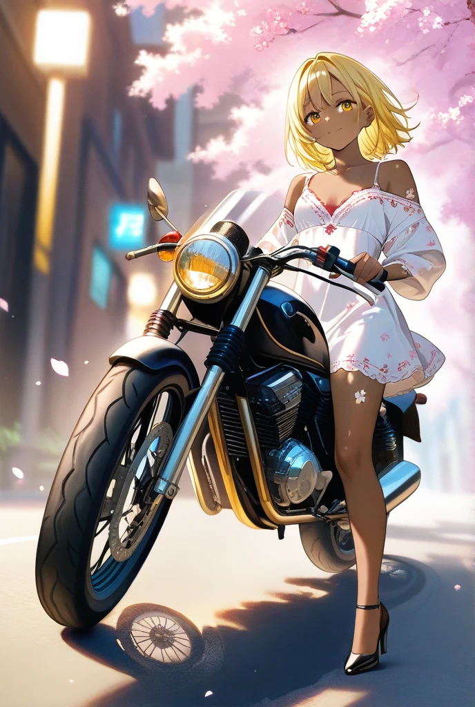 {{masterpiece, best quality, extremely detailed CG, unity 8k wallpaper, cinematic lighting}},
A (speeding) Vespa (scooter) the Yokohama City with harbor at high speed,(slow motion:1.3),(Motion blur:1.3),(speed lines:1.4),sense of speed,
1girl, blonde short bob, smile, (medium breasts, cleavage),, white tank top:1.2, distressed denim shorts: 1.3, white basketball shoes:1.1, (blue eyes, double eyelids, long eyelashes),
Sparks and smoke coming out of tires,