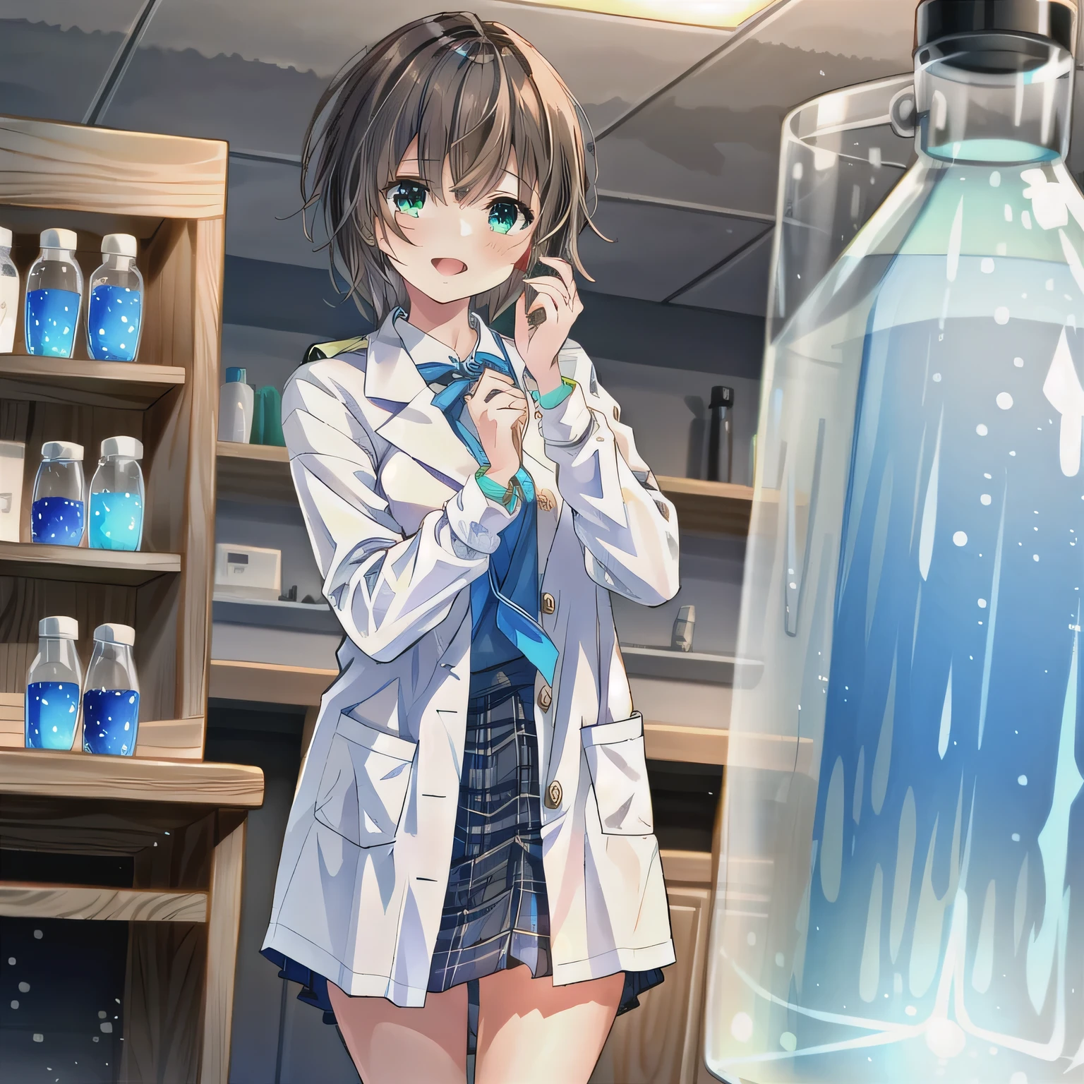 Depict a 20-year-old, stunningly beautiful woman conducting an experiment in a well-equipped science lab. She wears a pristine white lab coat over professional attire, her expression focused as she carefully handles scientific instruments. Whether her hair is long and neatly tied back or short and styled, she maintains a meticulous appearance suited for the lab environment. The background features shelves filled with scientific equipment, adding to the immersive atmosphere of the setting. Short hair, brown hair, green eyes.