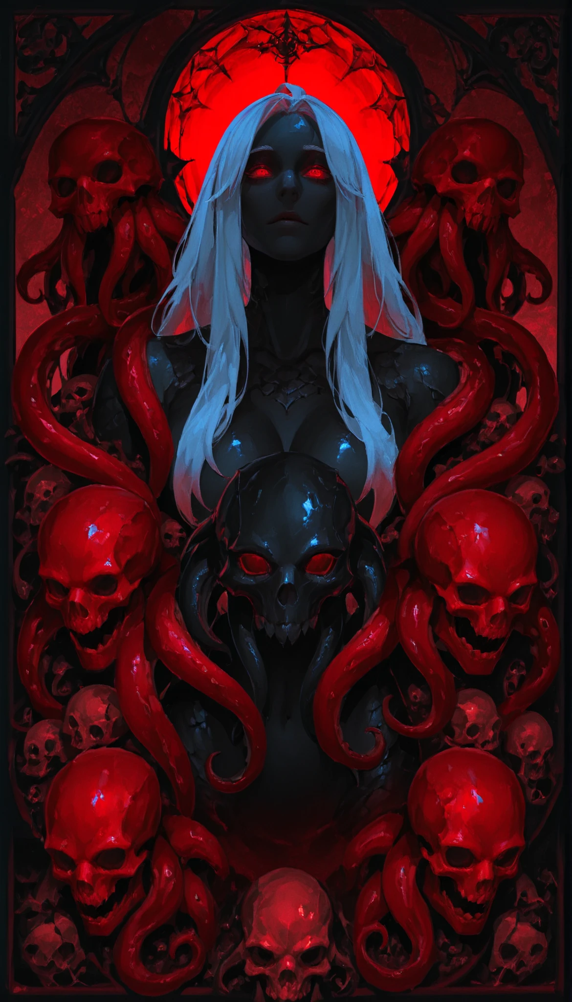 ((cthulhu portrait)) a mermaid with very long white hair, black fishtail, jet-black skin, webbed+clawed hand, under dark blood sea, octopus, dark red tentacles. detailed eyes, detailed scales, detailed fins, skulls, dark vibe, horror atmosphia,cthulhu.
