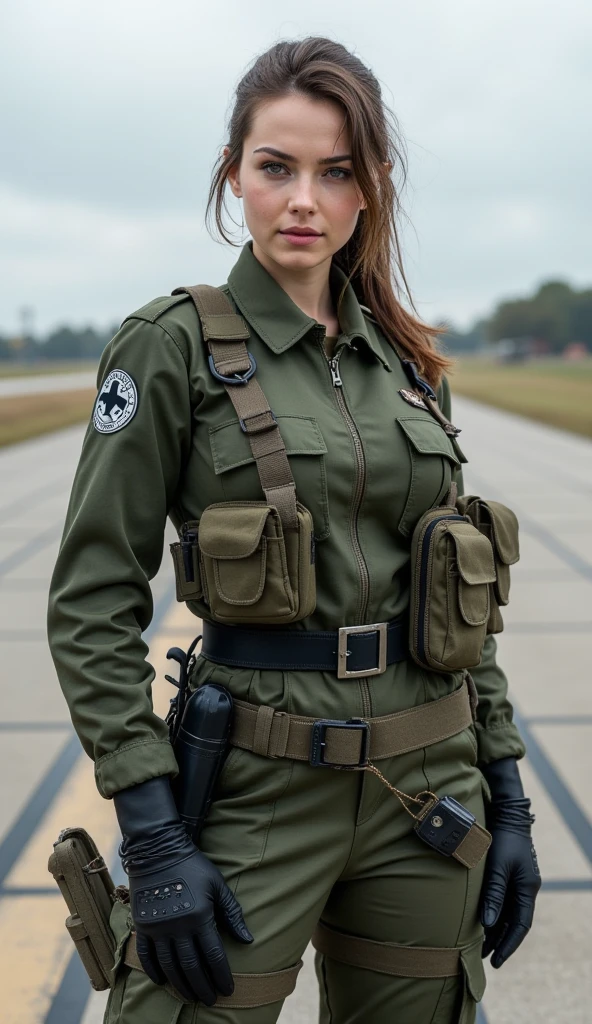 A army female commando wearing airforce uniform standing ponytail hairstyle wearing sunglasses in eyes 