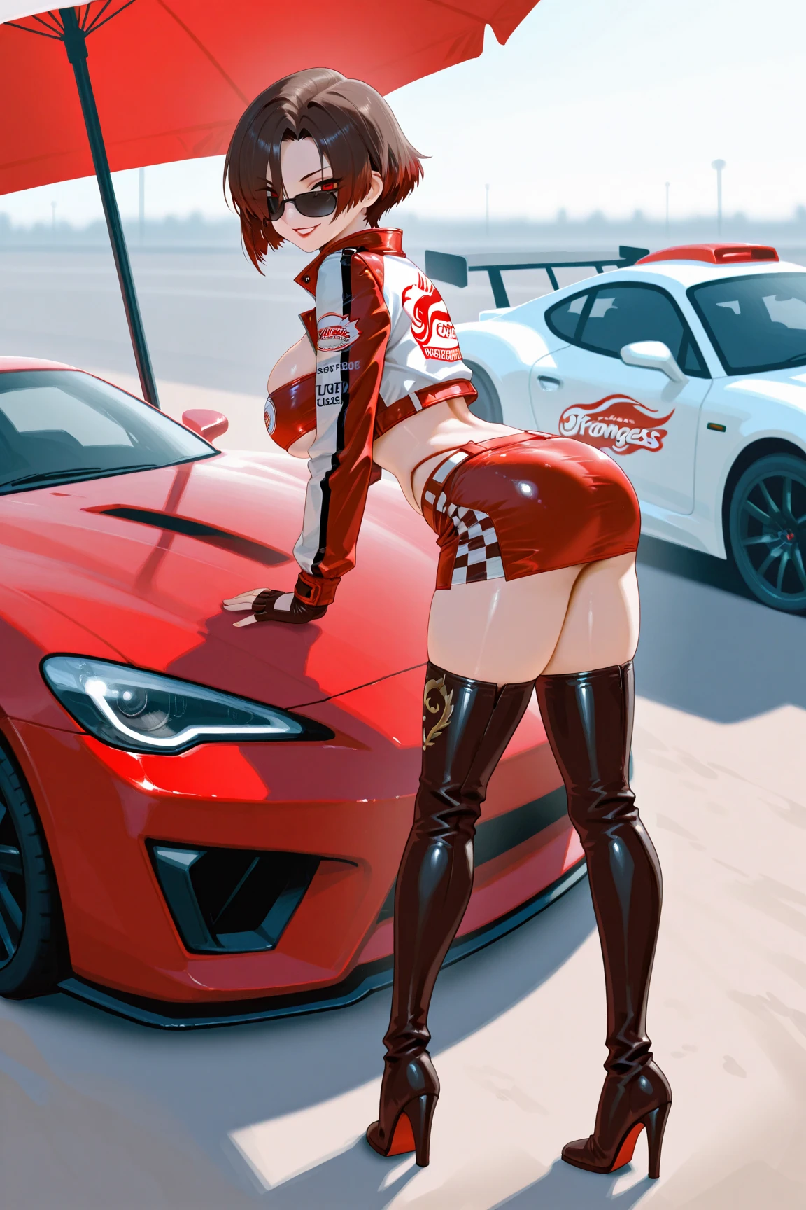 Best Quality, 1womanl, very curvy, stoic, dark brown hair, short-hair、racing suit, Full lips, Mature、skirt by the、Race Queen、A slender、 masterpaintings, best qualtiy, Photorealsitic, ultra-detailliert, (shinny skin:1.4), slender,dynamic light and shadow,hight resolution,Sharp Focus、A slender、(thick thight),(sexy white and red racing suit、skirt by the、highleg)、((from the rear、Looks Back))、天空、Grid Girl, Wear the grid_Girl costume printed with sponsor's logo, (Stand in a motorsport race)、randome pose、(Huge ass、wide waist)、((Angle from below))、Blur the background、