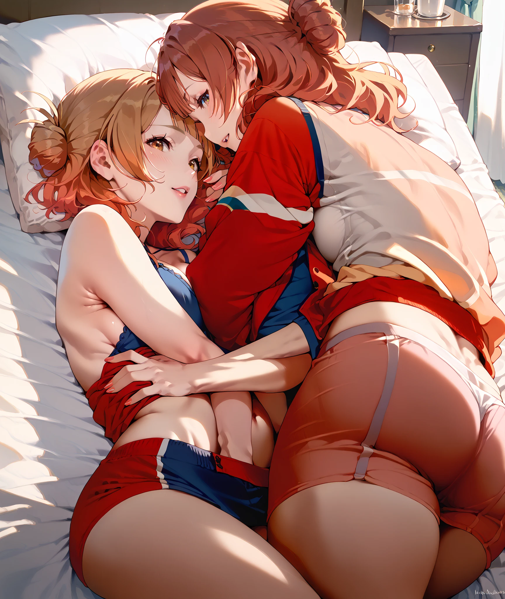 (no sfw), masterpiece, extremely detailed, RAW 32k wallpaper, long exposure, anime 2.5D couple scene, lying down on lap, lustful each other, open mouth, smiley. (1manly, pectorals, and 1 buff female). (Tanned blonde, green eyes,, one hand flexed upwards.). ((Dark red hair, light blue eyes)),((hugs)), ((grabbing her(perfectly detailed) her chest tight)),((swallow each other)),(shirtless, tight, extremely detailed body), oiled shiny skin. {{no censored}}, {{no bras}}, visible skin {remove thong} --auto --s2