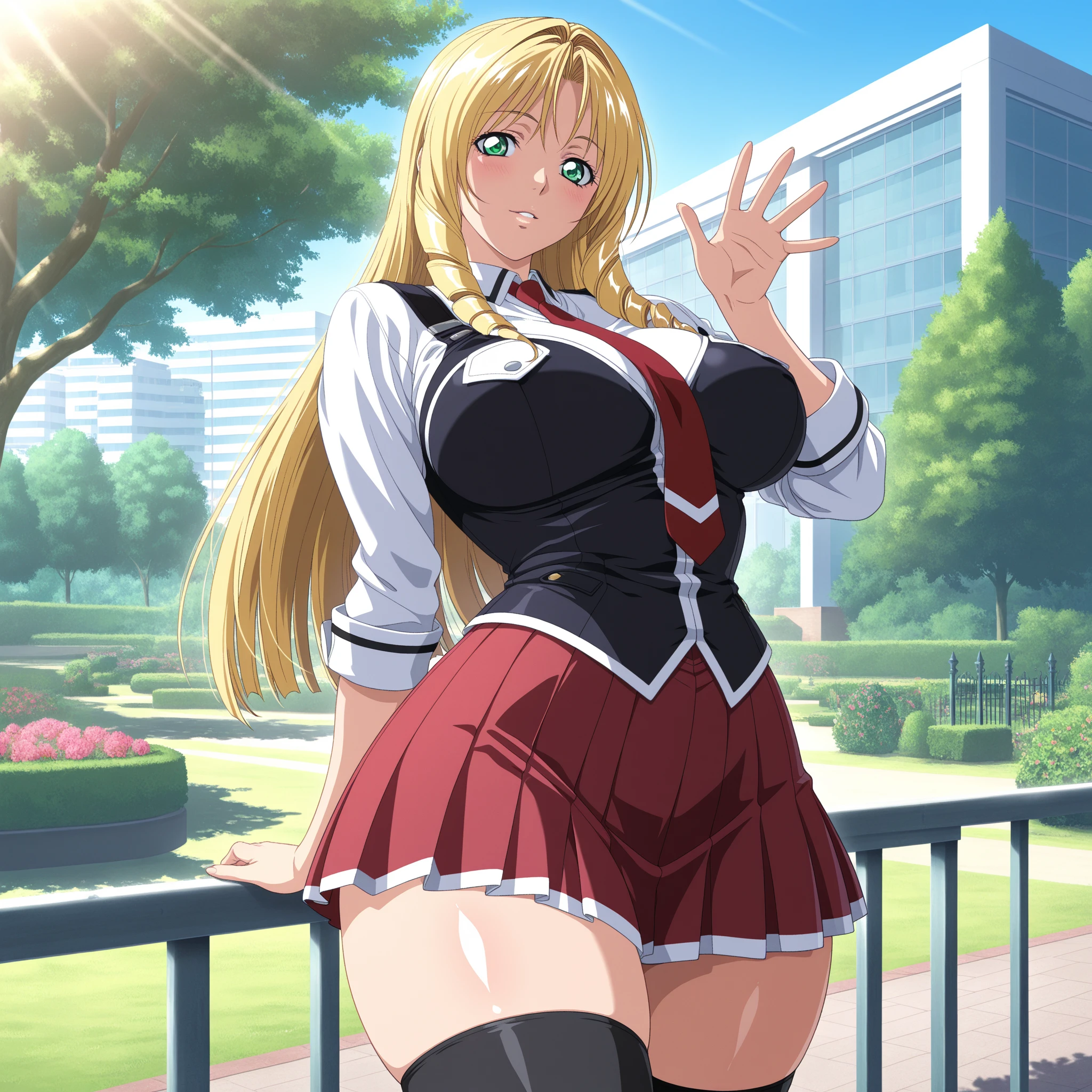 Standing, at school, blue sky,Trees,building,
White_shirt,long sleeves,(Red_pleated_skirt), uniform,Black thighhighs,long sleeves,(belt:1.2),Red Tie,(Black_vest:1.3),
<lora:Rika_Shiraki_Bible_Black-KK77-V1:0.7>,
blonde hair,very long hair,Bangs,green eyes,Forehead,drill hair,
<lora:Oda_Non_Style-KK77-V2:0.3>,<lora:more_details:0.1>,
1 girl, 20yo,Young female,Beautiful Finger,Beautiful long legs,Beautiful body,Beautiful Nose,Beautiful character design, perfect eyes, perfect face,expressive eyes,perfect balance,
looking at viewer,(Focus on her face),closed mouth, (innocent_big_eyes:1.0),(Light_Smile:0.3),
official art,extremely detailed CG unity 8k wallpaper, perfect lighting,Colorful, Bright_Front_face_Lighting,White skin,
(masterpiece:1.0),(best_quality:1.0), ultra high res,4K,ultra-detailed,
photography, 8K, HDR, highres, absurdres:1.2, Kodak portra 400, film grain, blurry background, bokeh:1.2, lens flare, (vibrant_color:1.2),professional photograph,
(Beautiful,large_Breasts:1.4), (beautiful_face:1.5),(narrow_waist),