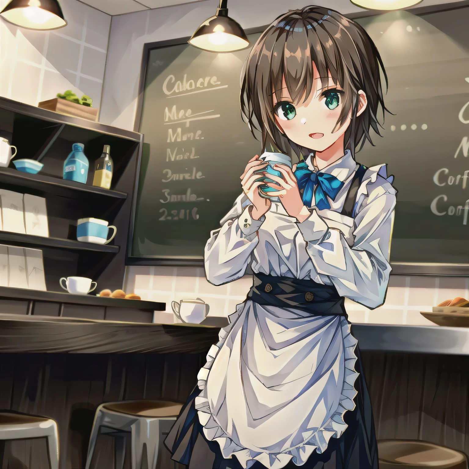 A girl is working as a waitress in a cozy cafe. She's wearing a classic maid outfit. The air feels warm and calm, and it's like you can almost smell the coffee through the picture. Short hair, brown hair, green eyes.