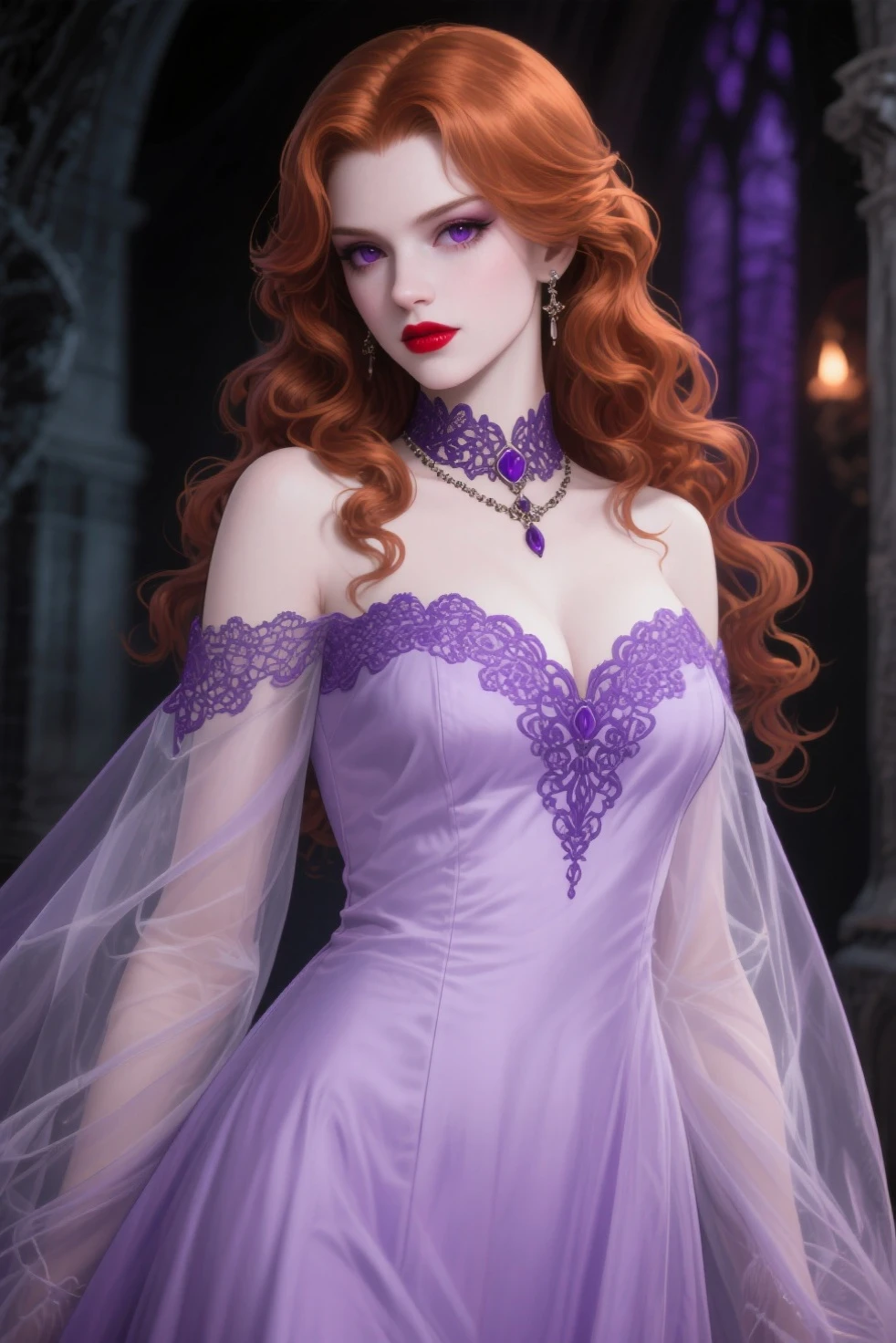 A white cat princess with red hair, very long hair, beautiful face, tall, big eyes, very cute, wearing a purple princess dress, long dress with beautiful diamonds, can see the whole body, wearing high heels, wearing a crown.