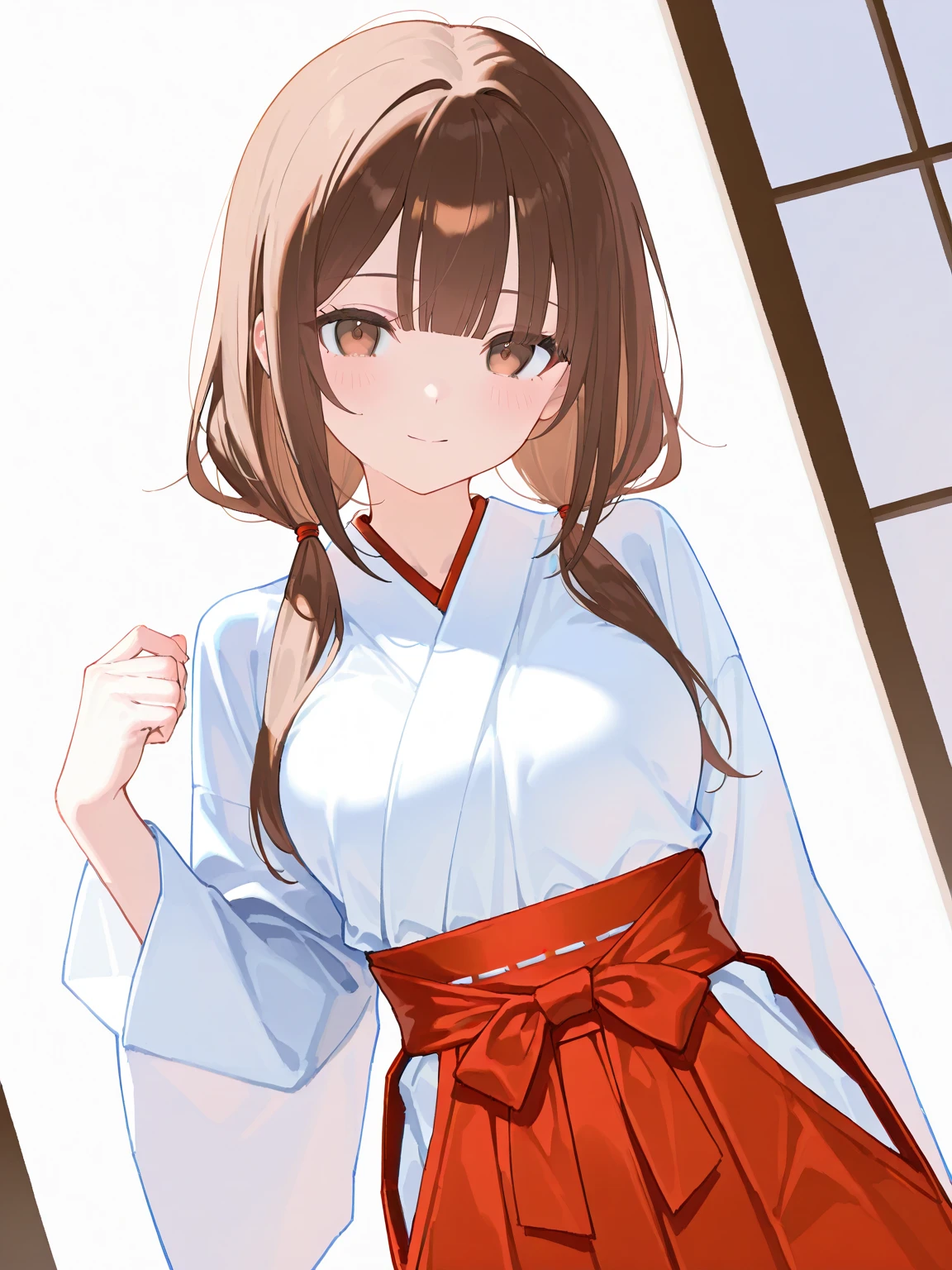 Upper body close-up、One woman,24-years-old,Japan, kimono, Holding a folding fan, good, Beautiful poop, delicate, cute, ((Short brown hair)), Beautiful brown hair, (Clear brown eyes), Slightly chubby,Small breasts,The butt is small, Narrow eyes, ((Head to waist)), masterpiece, highest quality, super high quality