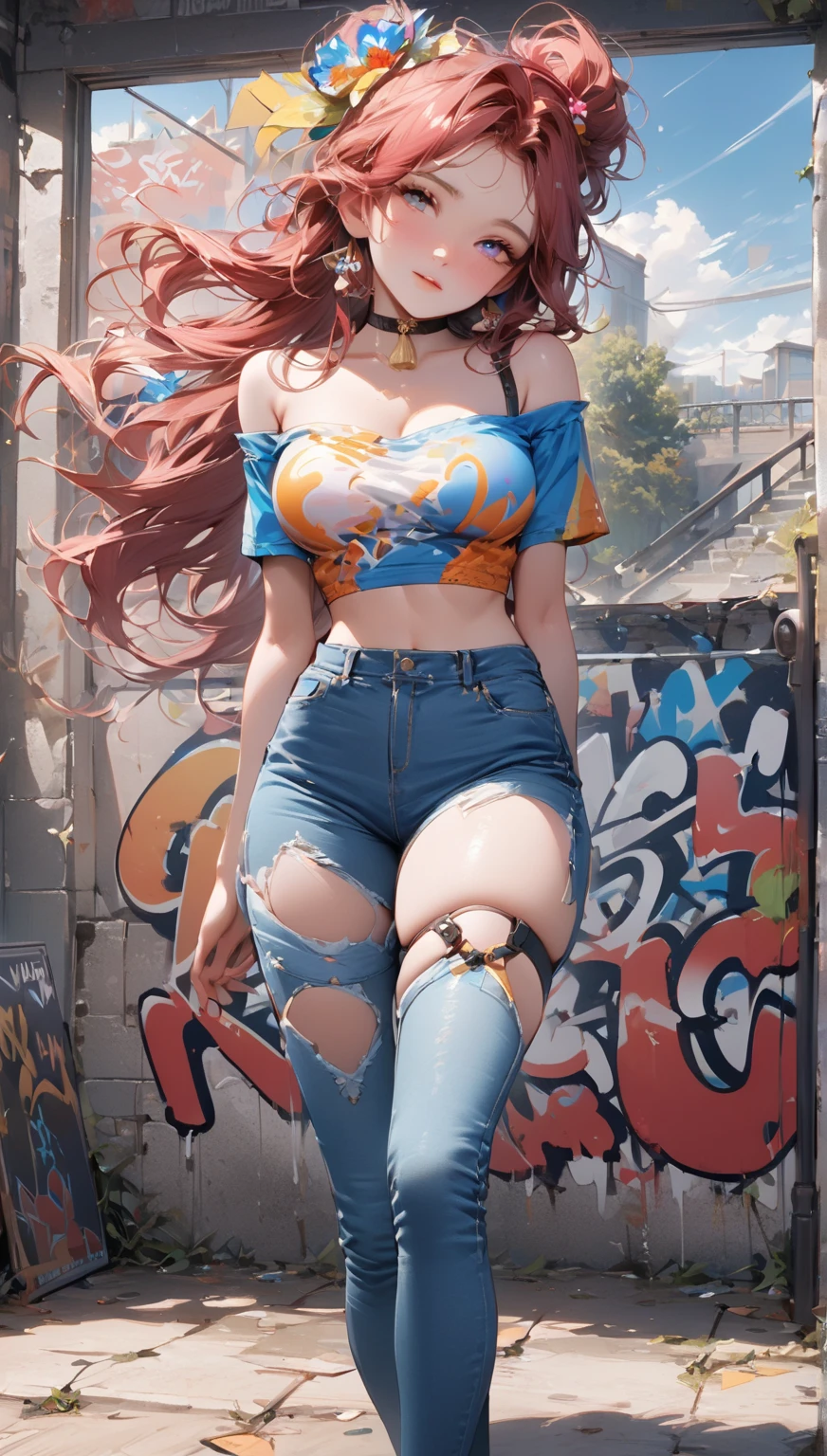 masterpiece, best quality, 1girl, solo, crop top, ((colossal cleavage:1.3)), denim shorts, choker, (graffiti:1.5), paint splatter, arms behind back, against wall, looking at viewer, armband, thigh strap, paint on body, head tilt, shy, multicolored hair, aqua eyes, headset, peepshow, nipslip, she is looking down shy, cheeks flushed with shame.