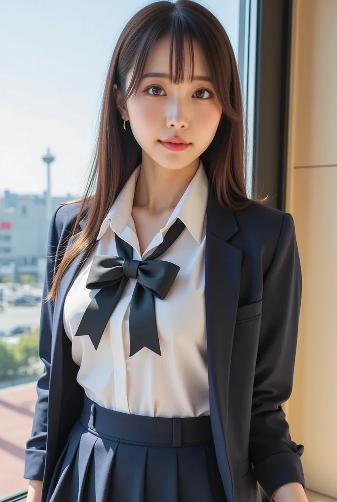 Detailed face、highlight、girl、thigh、breast enhancement、black髪、Heavy bangs、(blazer、red、black、)(Checked skirt、)
