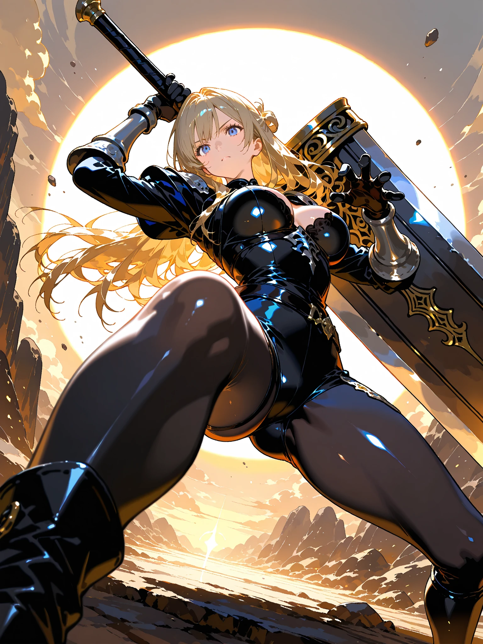 GtsGiga,knight,steel plated armor,green accents,muscalr,fair skin ton,giantess art,cityscape,Rampage, short hair,blonde,french braids,best quailty,masterpiece,mature meduim bosom,solo,1girl,dark knight