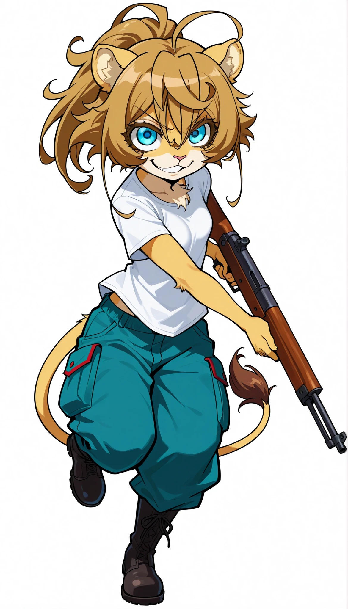 score_9, score_8_up, score_7_up, 1girl, solo, masterpiece, best quality, amazing quality, very aesthetic, absurdres, source furry, furry lion, blue eyes, yellow body fur, (brown hair, Tanya Degurechaff hairstyle, messy spiky ponytail), looking at viewer, smile, oily skin, eyeshadows, (short body, tiny body), big head, closeup, ((white t-shirt, blue cargo pants, military boots)), full body, small breasts, lion features, lion tail, white background, simple background, smile, lion ears, holding a rifle weapon, fight pose, epic portrait, jump,