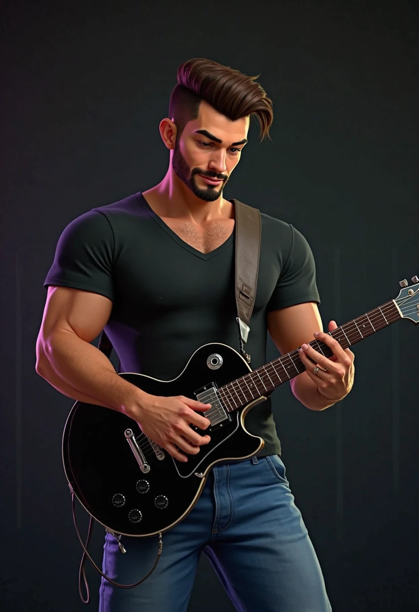 Create a character, he is a man with his 37 years, with muscular body, model appearance, black hair, beautiful face, rocker style with rockeiro jeans, rockeiro jacket and with a guitar on the back, 4K --auto