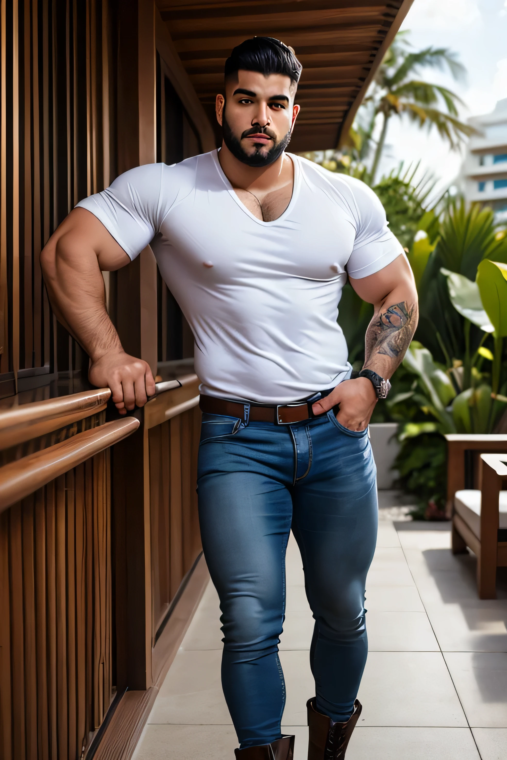 araffe man sitting on a bench with a camera in his hand, white shirt and blue jeans, mexican vaquero, full body picture, full body photogenic shot, mid-shot of a hunky, 🐎🍑, dressed in 1970s menswear, mohamed chahin style, stylish pose, masculine pose, full body portrait shot, andres rios