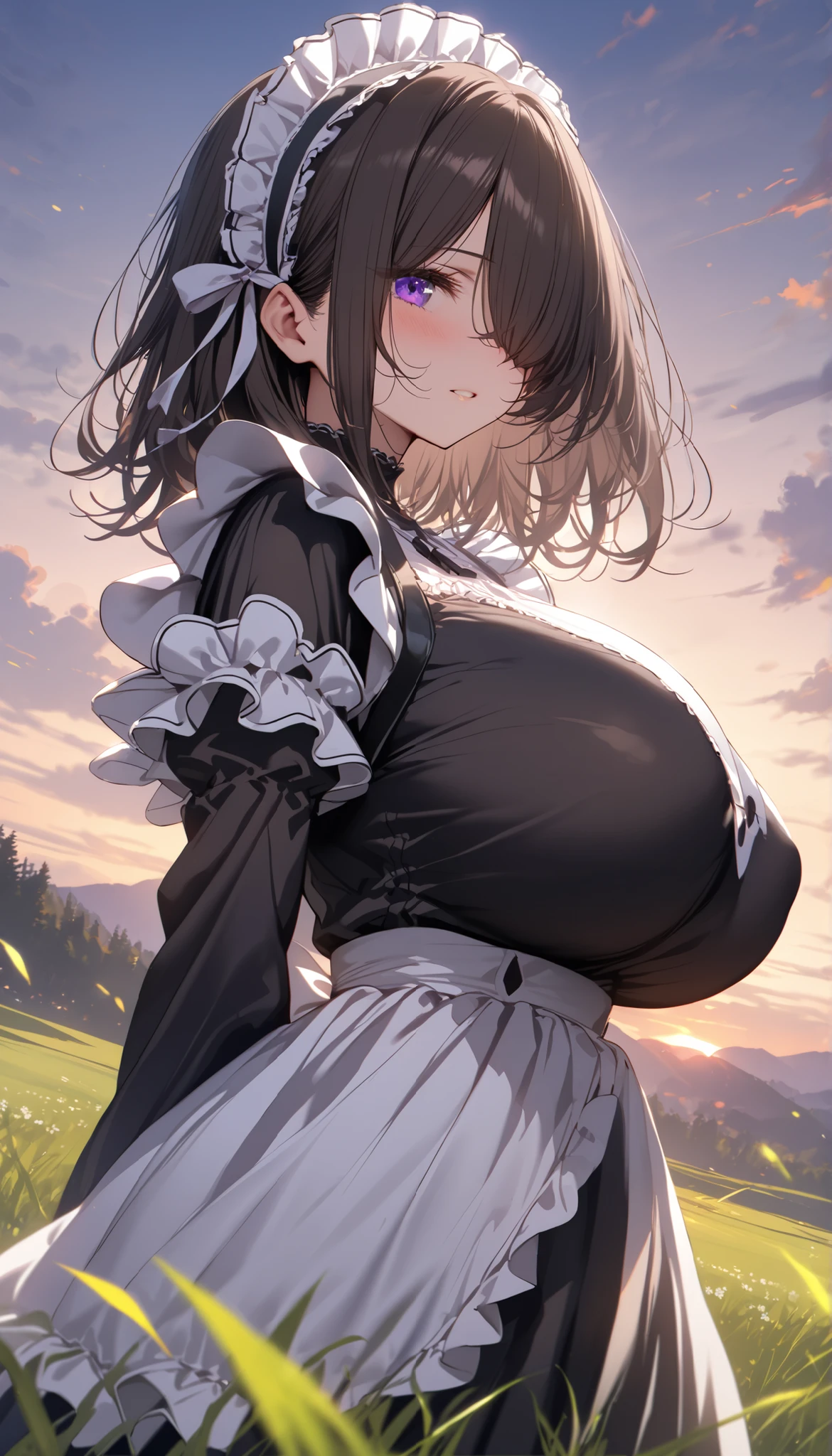 Best Quality,Detailed and cute eyes,Very cute face,(solo ),(gigantic breasts:1.7),(Black Hair,Short Hair,2 side up:1.7),(Yellow big eyes,low length:1.5),A very happy smile,Open your mouth wide,View Viewer,BREAK,(Blue maid outfit,Maid Headdress,Puffy Short Sleeve,Micro Mini Skirt,Frill thigh-high socks,Maid Cufflinks:1.3),Western-style garden,Hedgerow,blue sky