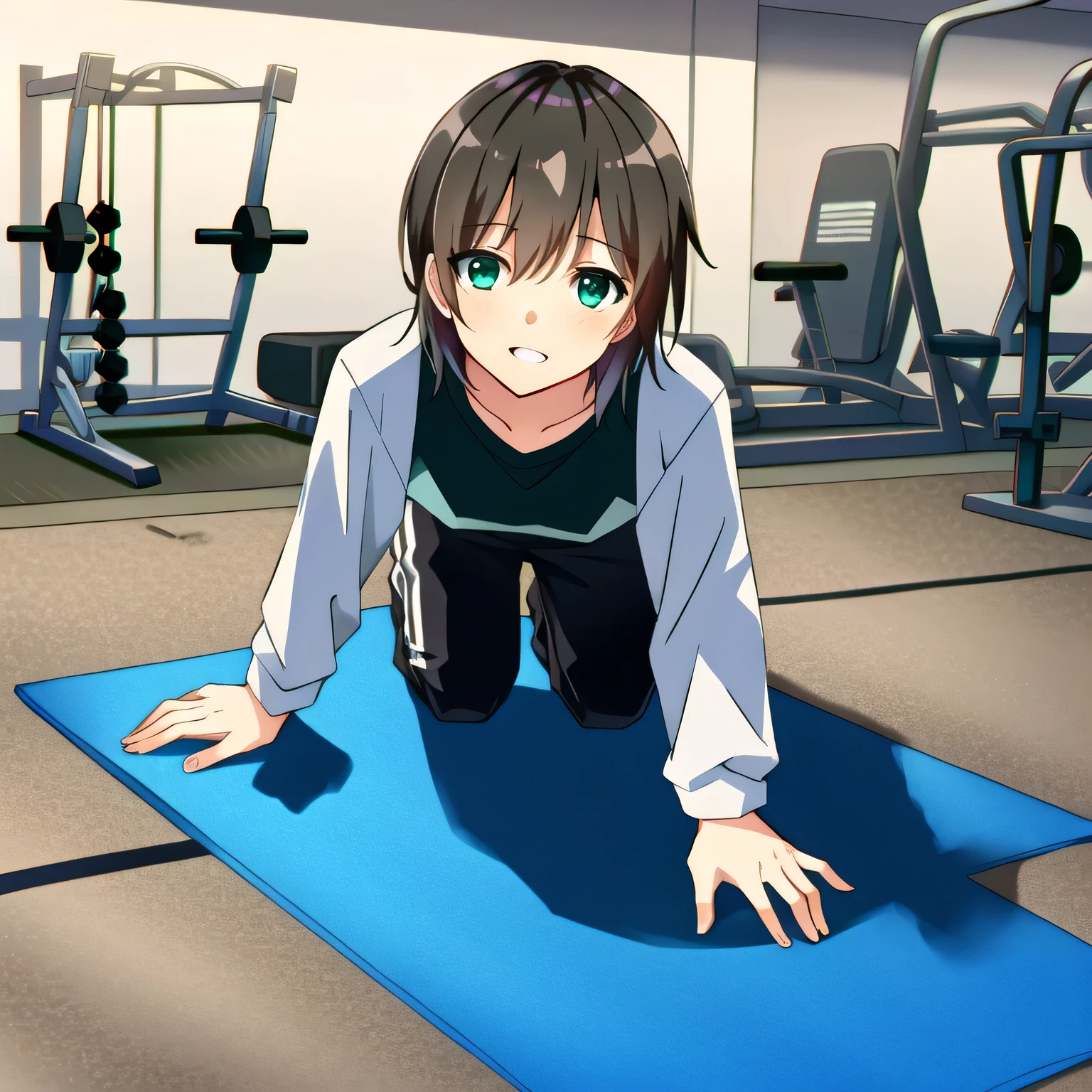 A person doing a plank exercise on a mat in a fitness gym, minimal equipment, bright interior. Short hair, brown hair, green eyes.