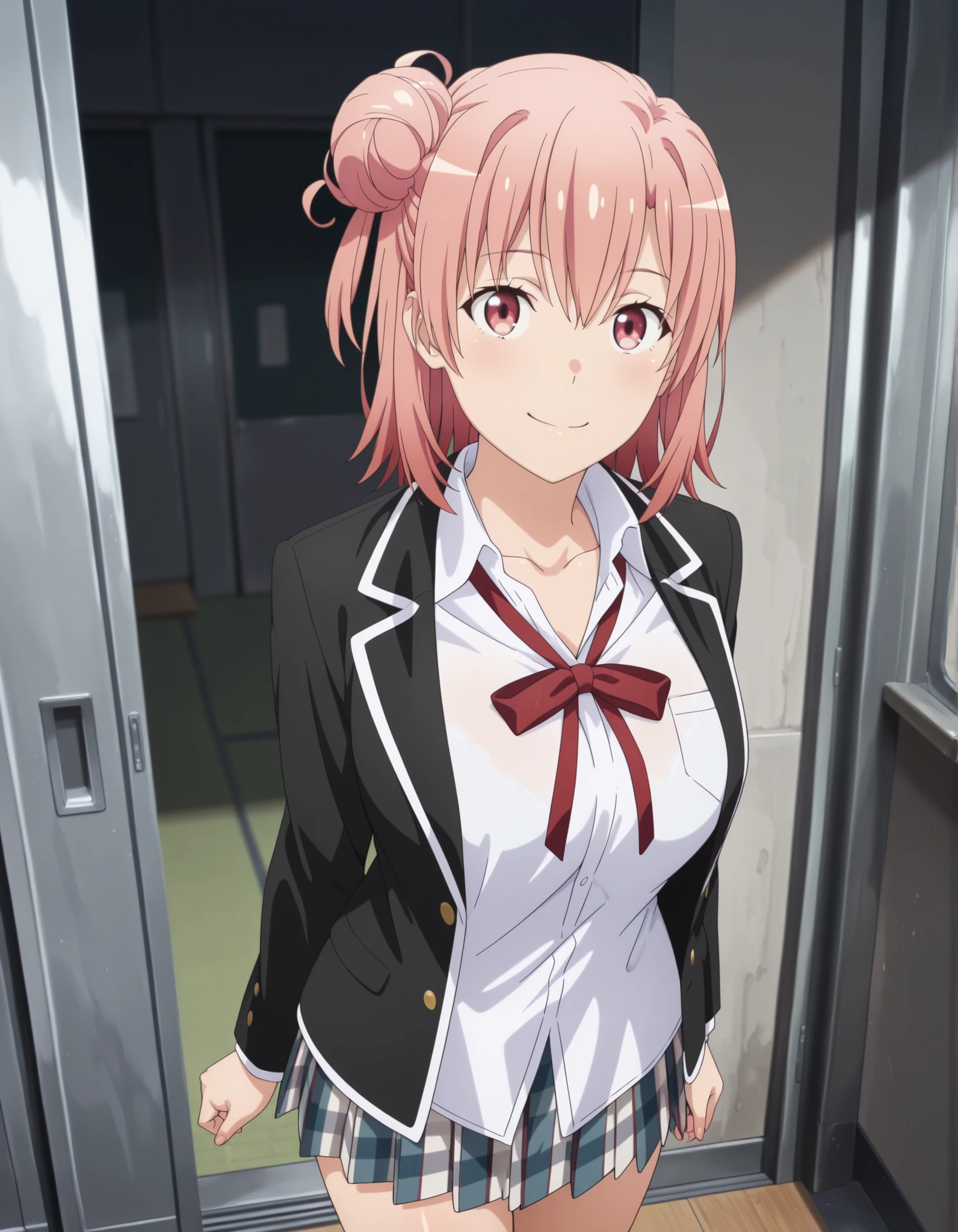 (masterpiece, best quality, official style),ultra detailed,(newest),8k,texture,very aesthetic,(sharp focus),smooth,(unreal engine),realistic skin,anime face,cute round face,detailed eyes, BREAK smile,1girl,yui yuigahama,pink hair,short hair,gradient hair,hair bun,pink eyes,single side bun, very very large breasts,
school uniform,black jacket,white shirt,skirt,red ribbon,black kneehighs,untucked_shirt, big breasts:1.8