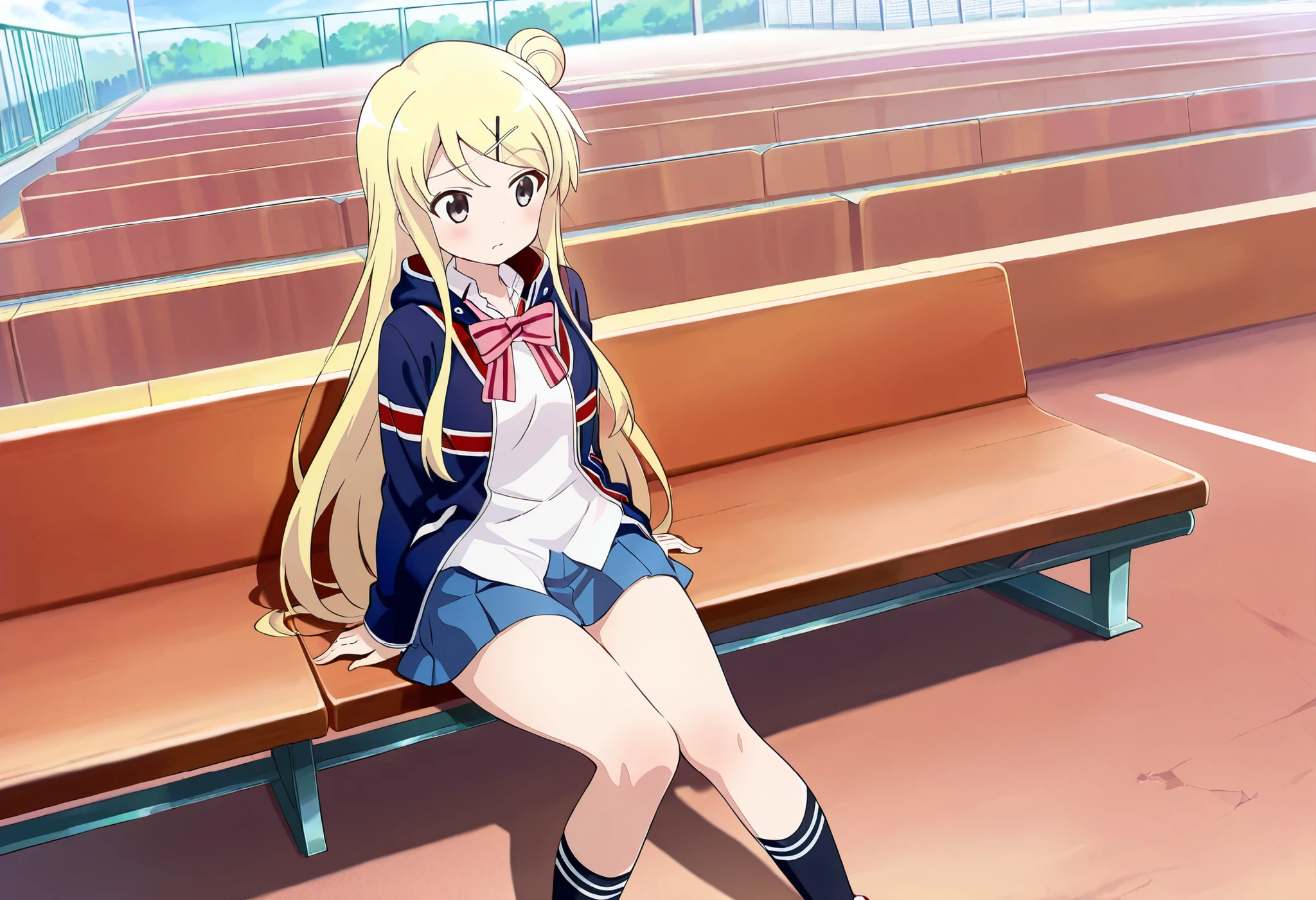1girl,unwellness(autonomic nervous system disorder and depression) thick thighs Kujou Karen very long hair,blonde hair,single hair bun,hairclip,x hair ornament,sidelocks,side swept bangs,black eyes,white shirt,collared shirt,union jacket,pink bowtie,neck ribbon,pink ribbon,long sleeves,small breasts,miniskirt,blue skirt,black socks,red footwear, sitting alone on the school bleachers
koutei,scenery,outdoors