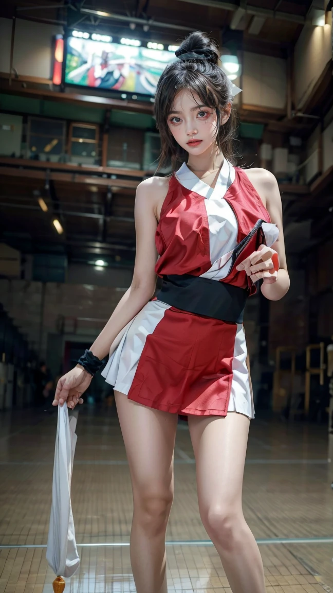Mai Shiranui, (best quality,ultra-detailed),(Realistic:1.37), beautiful and detailed face, Ultra-realistic texture, delicate face, athletic body, vivid colors. high definition, 8K, wearing red lipstick, rosy cheek.