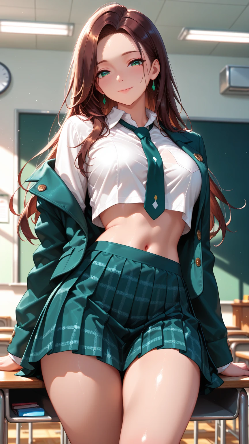 Create a cool and attractive girl in her early twenties with a flawless complexion and long, wavy auburn hair. She has deep blue eyes, stands at 5'7", and has a fit physique. She wears a mint green cropped top with a high-waisted black skirt, a red blazer, black ankle boots, and simple accessories. She exudes confidence and has a magnetic presence.