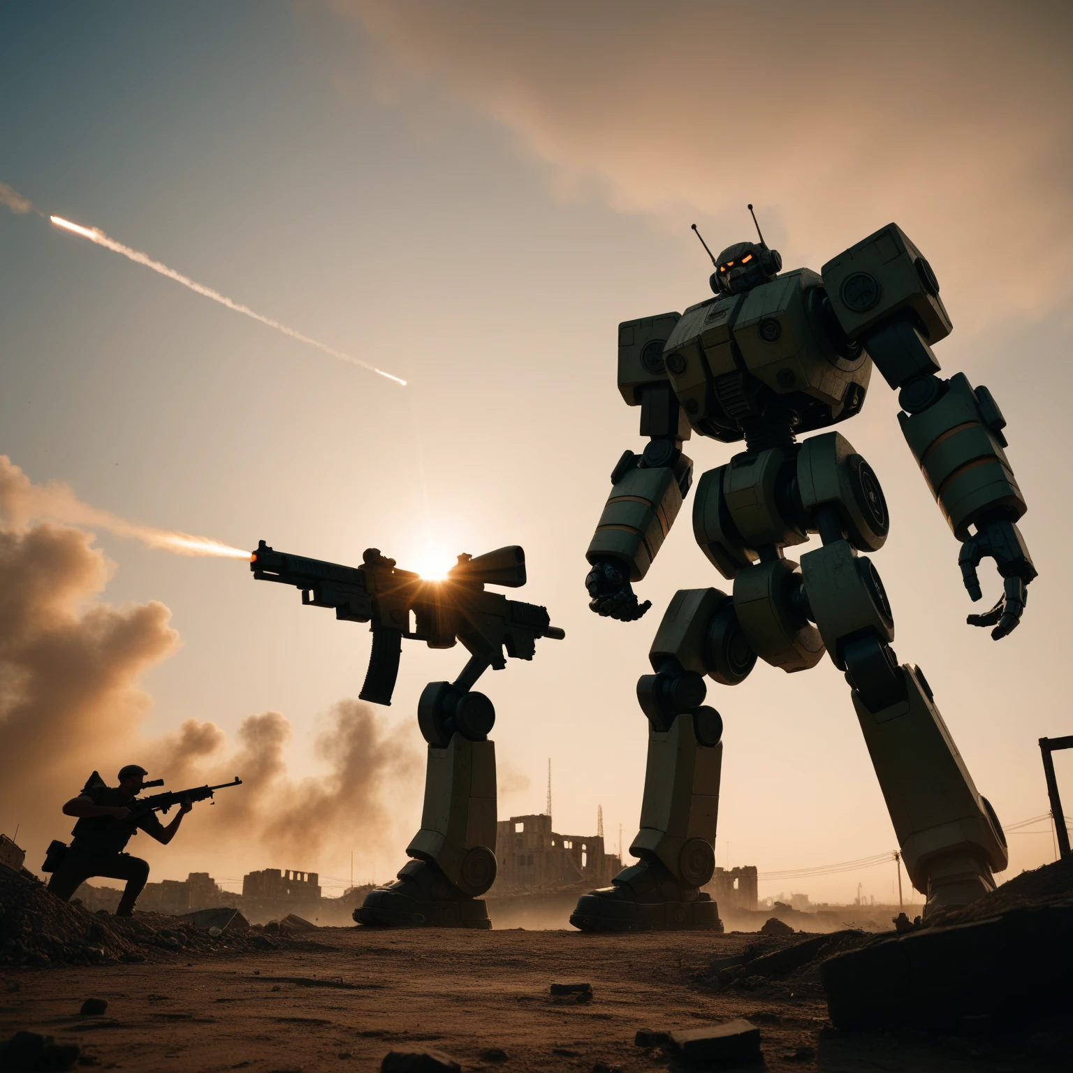 Dilapidated city,  battlefield , Ruins, Gun smoke is full., , a giant robot that crashed., , orange sky , dust, Brightness, Sparkling star , from below, wide shot, Movie Lighting, Blurred, Ultra wide angle, grab pose, 8k