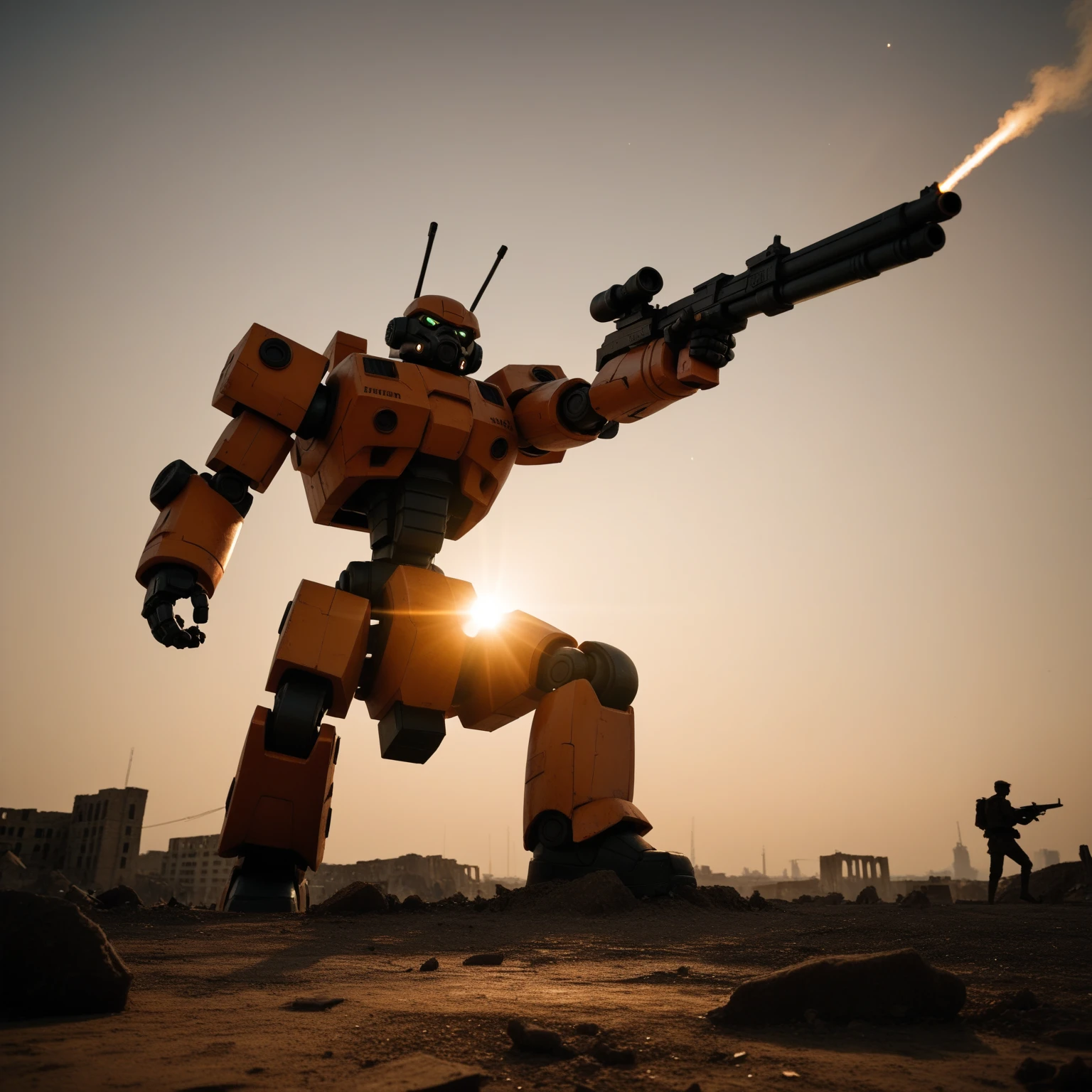 Dilapidated city,  battlefield , Ruins, Gun smoke is full., , a giant robot that crashed., , orange sky , dust, Brightness, Sparkling star , from below, wide shot, Movie Lighting, Blurred, Ultra wide angle, grab pose, 8k