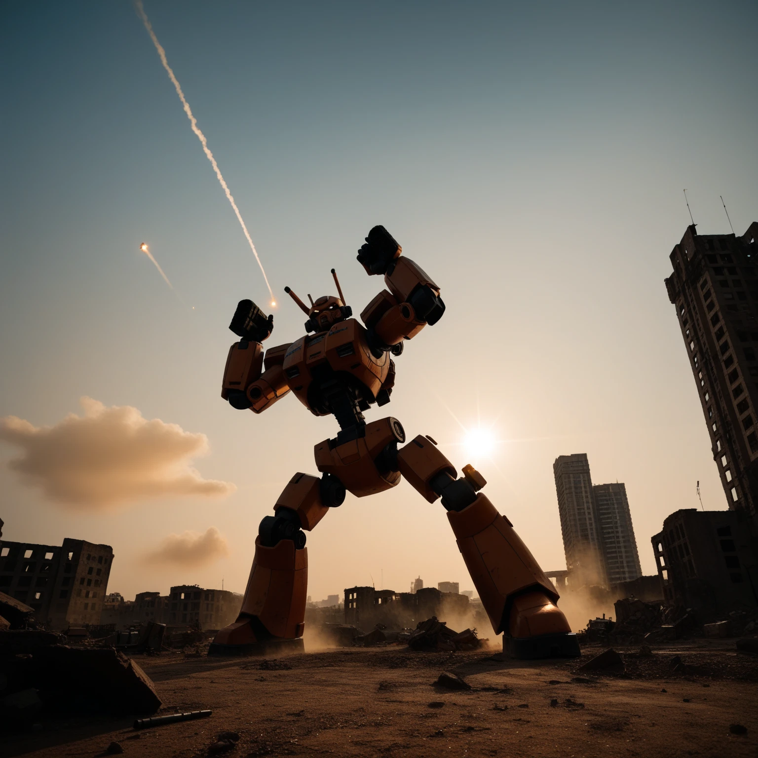 Dilapidated city,  battlefield , Ruins, Gun smoke is full., , a giant robot that crashed., , orange sky , dust, Brightness, Sparkling star , from below, wide shot, Movie Lighting, Blurred, Ultra wide angle, grab pose, 8k