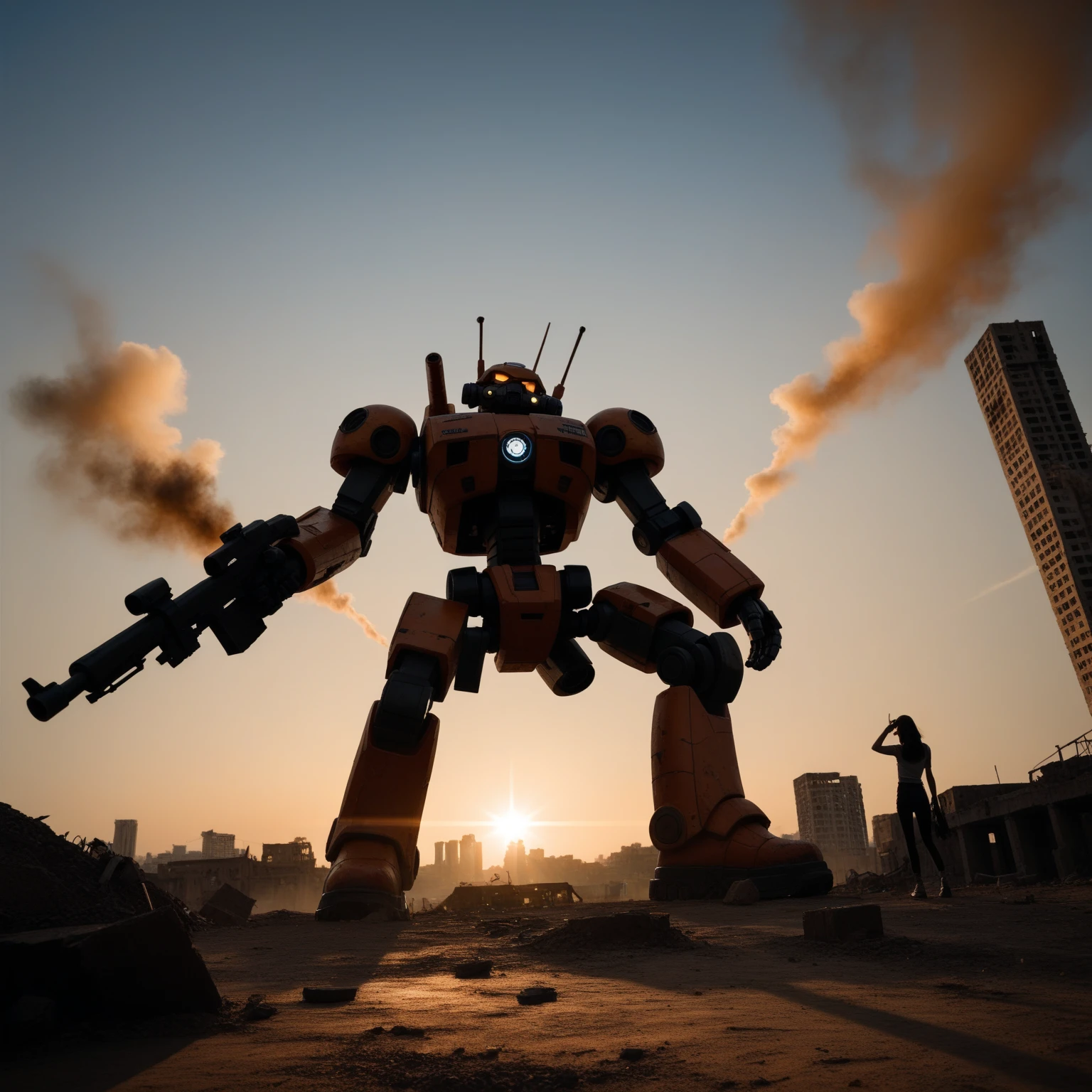 Dilapidated city,  battlefield , Ruins, Gun smoke is full., , a giant robot that crashed., , orange sky , dust, Brightness, Sparkling star , from below, wide shot, Movie Lighting, Blurred, Ultra wide angle, grab pose, 8k