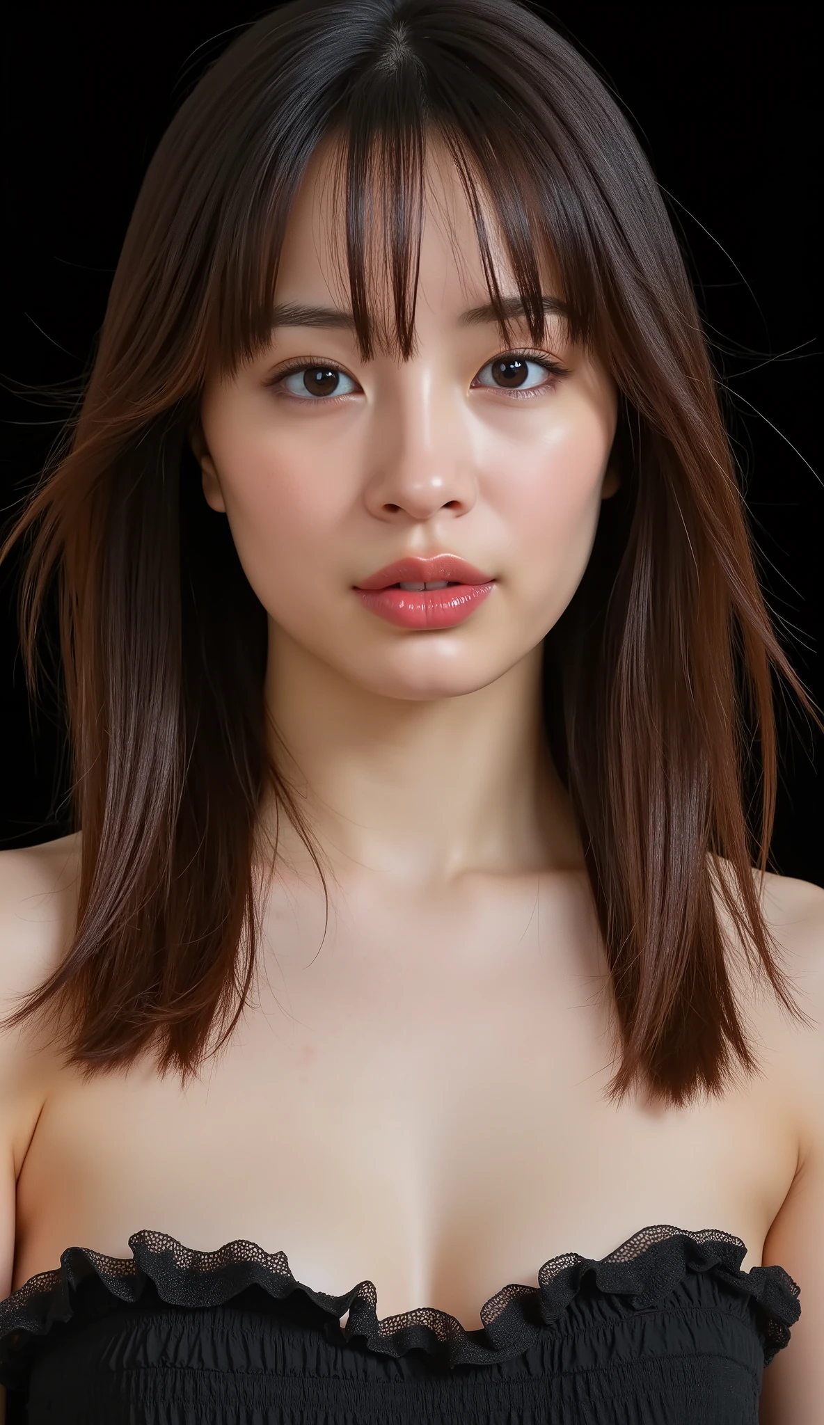Young wife in the kitchen、Super detailed、Particles of light:0.5、Shiny and smooth skin texture、Put your hands together、Beautiful Eyes、dorsal position、Mouth half open、Natural Texture、Long Wavy Hair、、Mature slender beauty、Small breasts、Dignified face、、Belly button、slouch、Showing the groin、Naked upper body、Beautiful small nipples