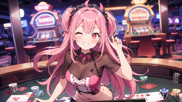 Anime illustration、Fantasy、highest quality、Luxury Casino、Flirt with a man、Plump Dealer、Perfect proportions、overwhelmingly big breasts、Very thick legs、Beautiful, shining eyes、Blushed、smile、Cowboy Shot、Showing off your crotch