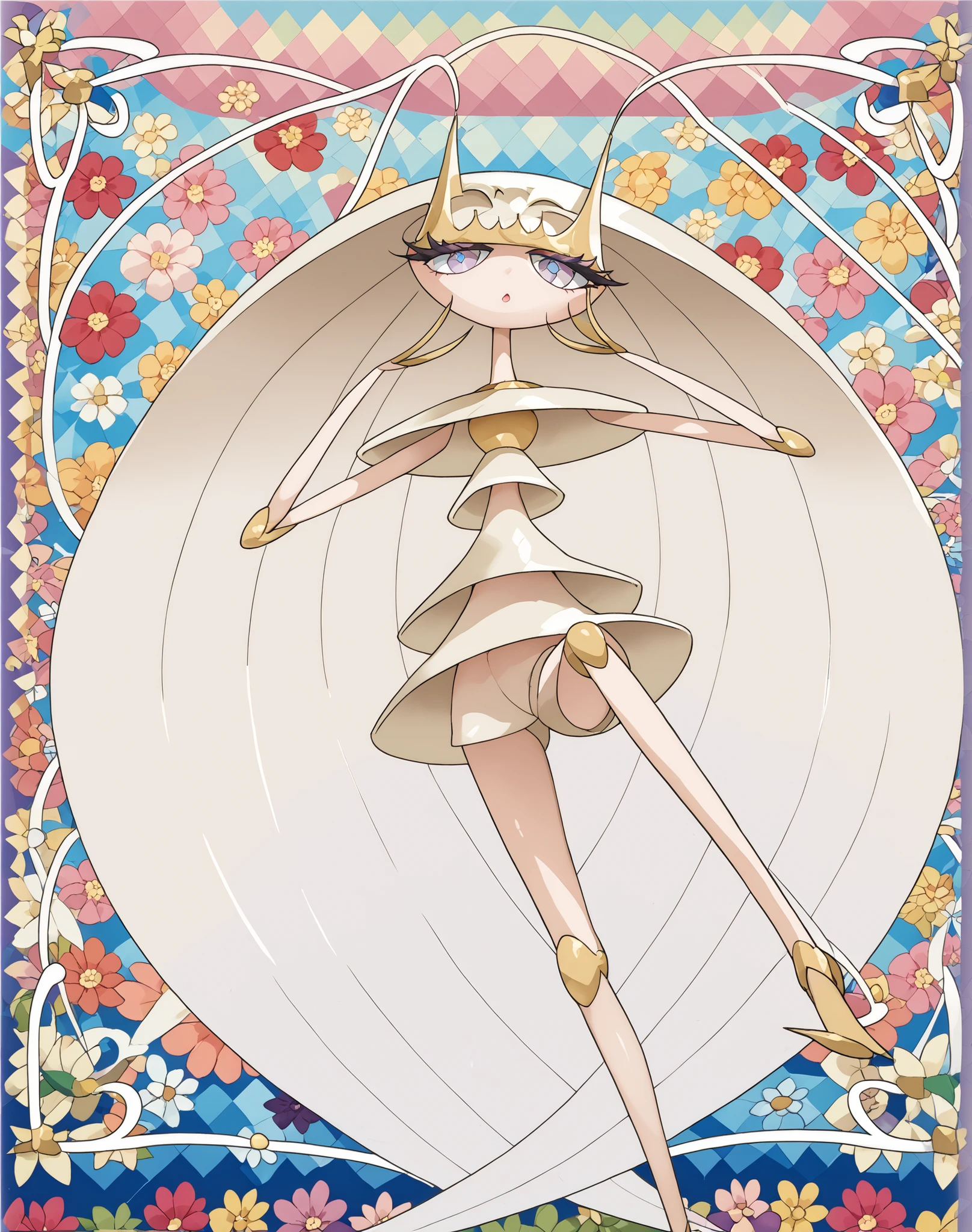 (in the style of Takashi Murakami:1.0), beautiful顔, feet,Highest Quality,tone mapping, sharp concentration in nude clothes, 非常にdetailsな,(Pheromosa),Highest Quality,beautiful,Pokemon,(Two fingers),(Clear Eyes),solo, details,8k,(slender:1.3),wallpaper,Jumping Kick,(colorful flowers:1.4), (Pheromosa:1.0), complex digital painting, very intricate and colorful , 暗くてdetailsなデジタルアート , 非常にdetailsな対称性, Vector art by , Symmetrical Intricate Details , multicolored,colorful intricate masterpiece,( looks like a kaleidoscope :1.1),( geometric pattern background)、 Master Level Colors,Body depicting flowers