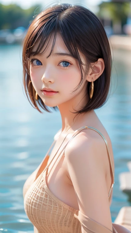 ((software: 1.4)), ((Detailed face, Professional photography)), ((software, Super Short Hair, side lock hair,crown braid, Blonde, big, Clear sky blue eyes, Earrings, 1 person)), Ultra-high resolution, (Realistic: 1.4), RAW Photos, Highest quality, (PhotoRealistic Stick), concentrated, Soft Light, ((15 years old)), (( (Young Face))), (surface), (Depth of written boundary), masterpiece, (Realistic), woman, bangs, ((1 person)),arms up,(armpit hair:1.1),