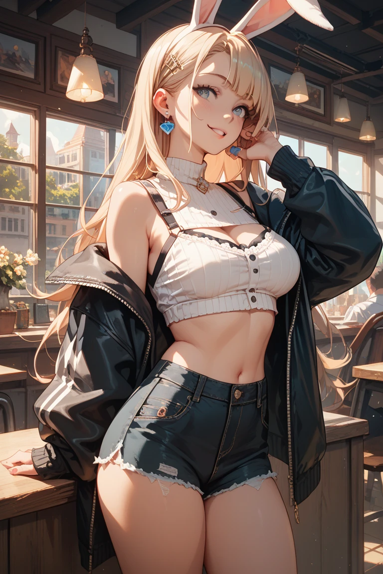 (masterpiece, Best Quality, ultra-detailed, high resolution, extremely detailed CG, official art, Professional Lighting, Perfect Anatomy, anime colors), (from below), looking at viewer, cowboy shot, perfect body, a 24yo beautiful girl, sidelocks, hairband, earrings,medium hips, glamorous body,a small face,beautiful-makeup,Makeup light,dark brown hair, Amazing Cleavage, thin waist, cute ass, Raised sexy, small breast: 1.2 posed cleavage:1.2, (off shoulders,Denimbra,legginullnude), micro denim shorts, bare legs, nail_polish, pale skin, Waiting friend, (morning:1.5), tokyo, (convenience store:1.3), outdoor, (depth of field:1.3), contrapposto, (Hold a coffee in your hand:1.3),delicate beautiful face, Bright blue eyes, cute eyes, sparkling eyes, Big eyes, (perky chest:1.1), (pointed chest:1.3), looking at viewer,