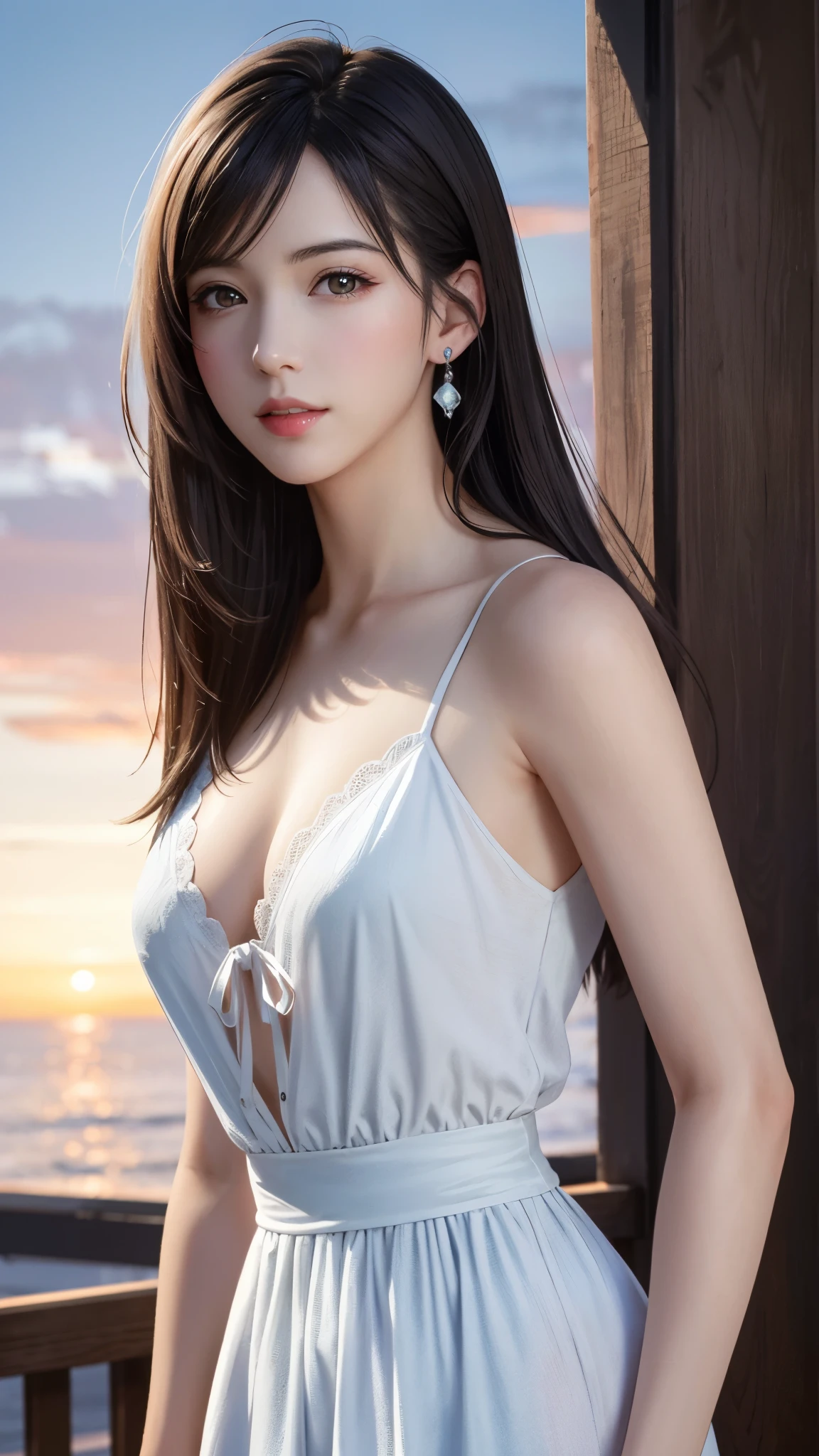 {Top Quality, Masterpiece}, (Realistic: 1.3), Wallpapers, ultra high res, ultra high quality, BREAK {{{FF7,Tifa_lockhart, solo}}},{Ultra-detailed face, Detailed Red eyes},(black Brown Hair, Large breasts: 1.0),(Imaginative Macanese Female Page, background is Unique The Tablets of Stone, at Sunrise), BREAK {wearing Ribbon tie frills chiffon floral print camisole dress, sheer dress, dark gray}, clothed, (No Bra) ,(shiny oiled skin: 1.1), about 18 years old, BREAK {smile, kawaii},{{sexy pose}}, {{erotic eyes, erotic mouth, erotic face}}