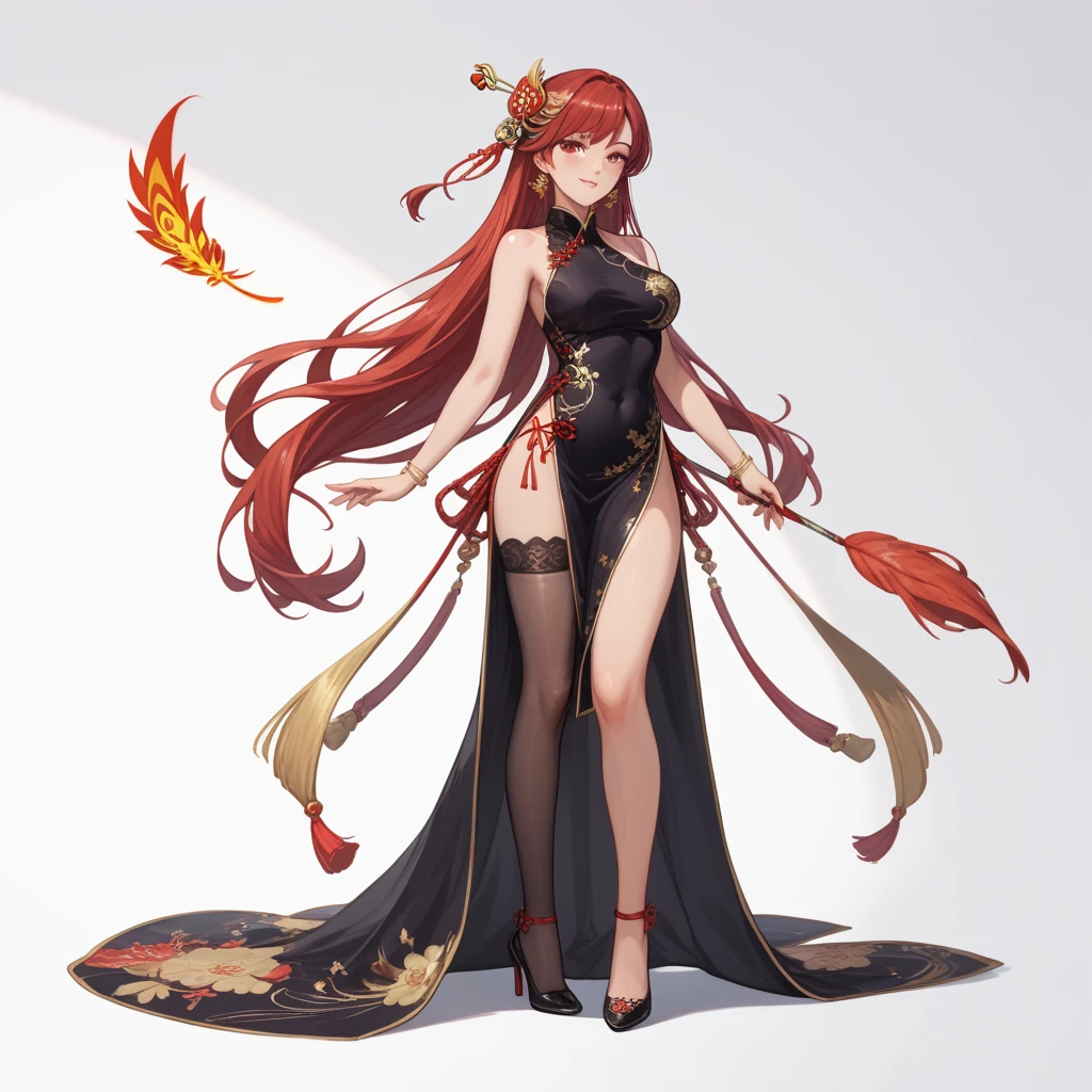 ((1girl, solo)), beautiful body, (perfect anatomy, perfect body, perfect hands, perfect legs), natural proportions, sexy body, large breasts, ((full body, full body front)) BREAK
((extremely detailed face)), (beautiful detailed eyes:1.6), (realistic pupils, realistic iris:1), expressive eyes, looking at viewer, (clear eyes:1.3), (hyperrealistic:1.2), (detailed skin texture:1.2), smooth skin, ((purple eyes)), (red hair:1.5), long hair, very long hair, high ponytail, bangs, sidelocks, ((drill earrings)), hair ornament, hair stick, ((black hairband)), ((mature female)), ((little smile)), (detailed lips:1.2), (attractive lips:1.1), (glossy lips:1.1), (parted lips), perfect face, perfect eyes BREAK
(masterpiece:1.5), anime-style, top quality, best quality, (beautiful and aesthetic:1.2), (ultra detail:1.5), Ultra-detailed depiction, Ultra-precise depiction, extremely detailed 8k illustration, high resolution, (highly detailed shading:1.2), (realistic lighting:1.4), perfect lighting, vibrant colors, dynamic tones, striking hues, 8k, absurd resolution, perfect shadows, hdr, UHD, ambient lighting, realistic, ultra-realistic, photo realistic, highly detailed, rich detail, luminous colors, fine texture, intricate design, professional illustration, (soft light:1.2), (illustration:0.7)