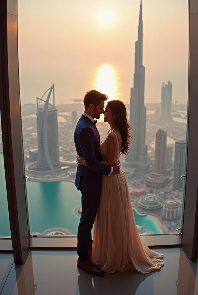 a couple kissing at chrismas beautiful view roses around lights on the roads ,raining ,and fully realistc 8k resolution , high buildings , burj khalifa , lots of people around