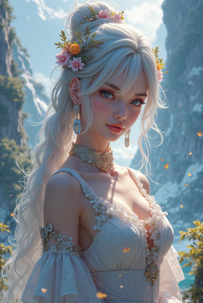 raw,high detailed face,1girl, dynamic angle, transparent:1.2, cloud and mountain,((:1.8)) (flower field:1.4) in the foreground, white dress, light tracing, (floating colorful wind:1)
(photorealistic:1.4), official art, unity 8k wallpaper, ultra detailed, beautiful and aesthetic, masterpiece,best quality, (large bresst), large cleavage,,glowing skin, cinematic lighting, light smile --auto --s2
