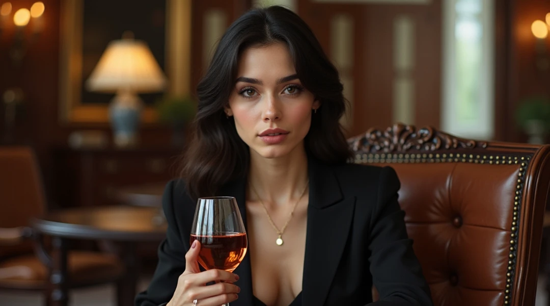 The image is a close-up shot of Olivia sitting at a sleek and modern bar, holding a glass of aged whiskey with a subtle smirk on her lips.,The White Lotus,Olivia, a character from “The White Lotus,” is 20 years old. She has a cool, composed exterior, marked by her stylish, casual beachwear and sharp, minimalist accessories that reflect her affluent background. She has a slender build with perfect big breasts and a gaze that often oscillates between disinterest and sharp observation, embodying a certain aloofness and sophistication beyond her years. , female