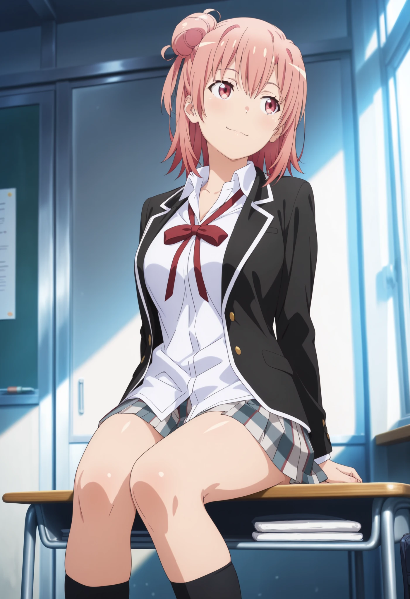 (masterpiece, best quality, official style),ultra detailed,(newest),8k,texture,very aesthetic,(sharp focus),smooth,(unreal engine),realistic skin,anime face,cute round face,detailed eyes, BREAK smile,1girl,yui yuigahama,pink hair,short hair,gradient hair,hair bun,pink eyes,single side bun, very large breasts,
school uniform,black jacket,white shirt,skirt,red ribbon,black kneehighs,untucked_shirt,