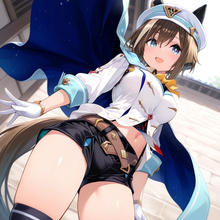 I looked up from my feet to see her wearing a grid girl costume with holes in it.,from below,cameltoe