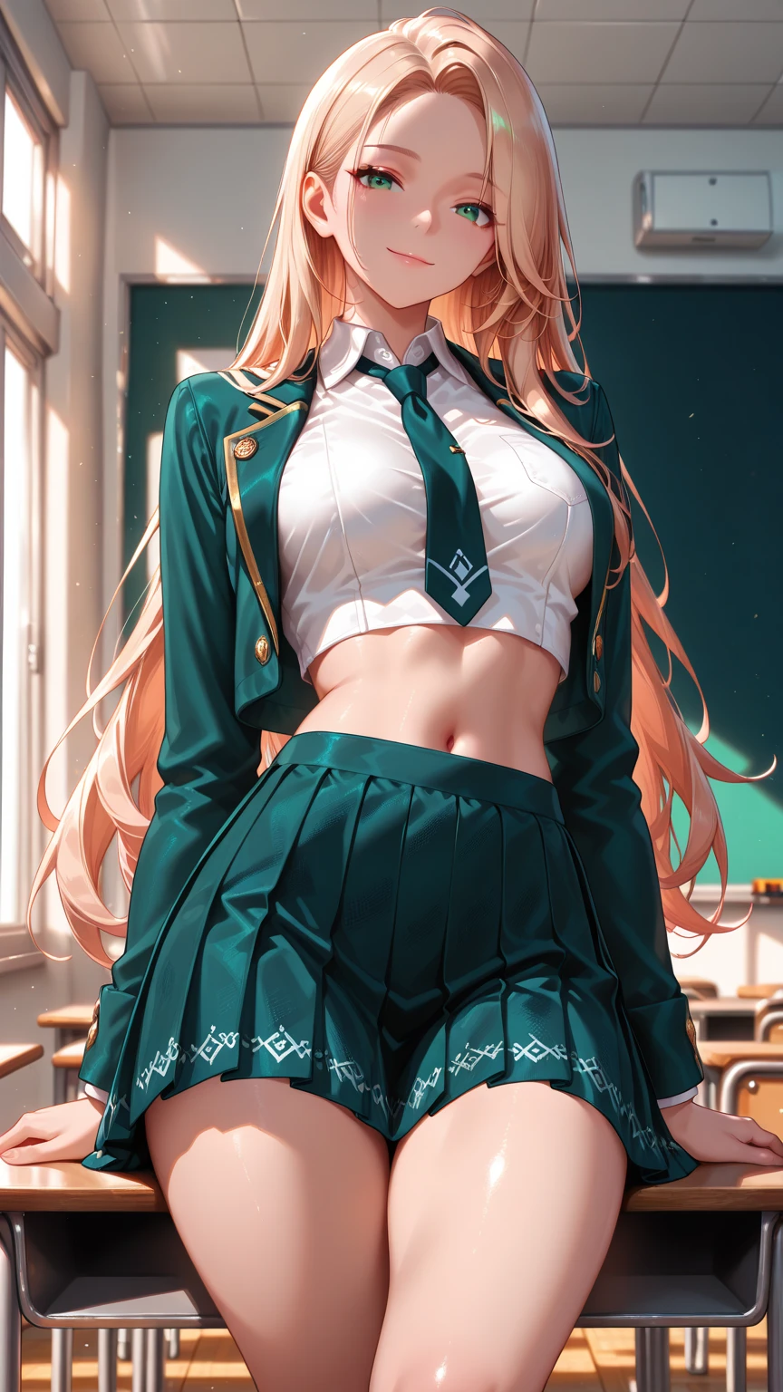 masterpiece, best quality, vibrant, very aesthetic, high contrast, semirealistic, newest,  cinematic-lightning, slender, breasts, 1girl, cowboy shot, detailed green eyes, smile, semi-long hair, silky blonde hair, forehead, sliced back hair, navel, Captivating thighs, knee, classroom, , wearing a modern school uniform with a dark green blazer ,Unbutton jacket, crop top white shirt,  tie , short Kilt skirt , suit made of textured fabric with fine stitching, summer style with light fabric,  pleated skirt,