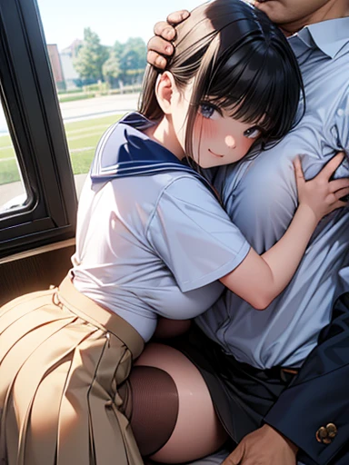 nsfw,(best quality),(very
aesthetic),(ultra detailed) ,(best illustration),shiny,(1boy),1girl,clothed,sailor dress,brown hair,blunt bangs,(upturned eyes),in the classroom,sun set,(embarrassed),couple sitting,kiss,(a boy grabbing her breasts:1.2),panty shot