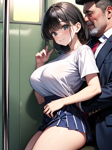 masterpiece、high resolution、high quality, NSFW, perfect anatomy, looking away, ((1 girl and 7 boys)), beautiful girl, perfect girl, beautiful face, big penis, black long hair with bangs, blue eyes, big eyes、dolly eyes, beautiful eyes, cleared eyes, slender、large breasts, erect nipples、,holding on to the railing of the train,armpits, (presenting armpit:1.3),(looking away:1.4), (train interior:1.3),(crowded train:1.3),
upper body,(white shirts:1.5),
,alternate breast size, breast grab, (a boy,grabbing from behind:1.5)